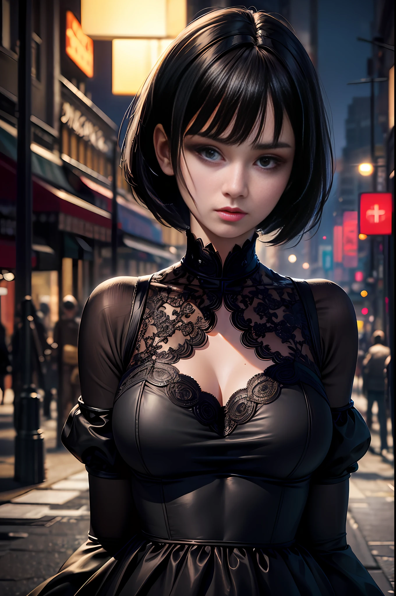 Best Quality, Masterpiece, Ultra High Resolution, (Realistic: 1.4), Detail Face,(halfbody shot,street,moon),Masterpiece, 1girl, solo exhibition, beautiful woman on the bustling street, surrounded by hawkers, beautiful goddess girl portrait, beautiful and detailed face, porcelain skin, (((bust shot, center, night, black hair, short hair)), super soft lighting, symmetry, complexity, elegance, high detail, realism, art, concept art,fantastic clothing,fantastic costume,