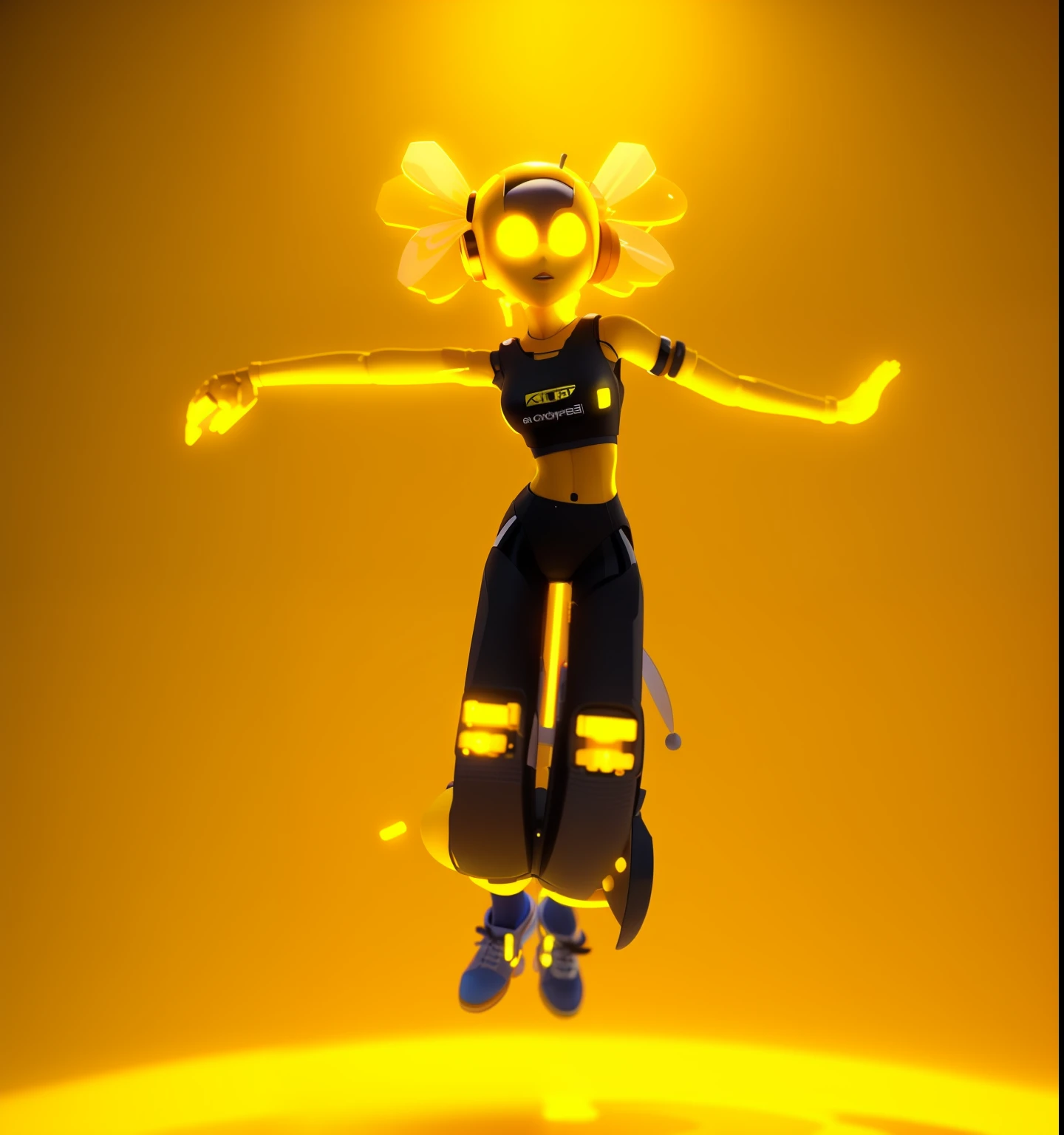 a close up of a person in a yellow outfit jumping in the air, 3 d render character art 8 k, 3 d character render, epic 3 d oshun, cyberpunk bee, afro futuristic, 3 d character, 3d character, african female android, jump pose, rendered in sfm, render of a cute 3d anime girl, anime robotic mixed with organic