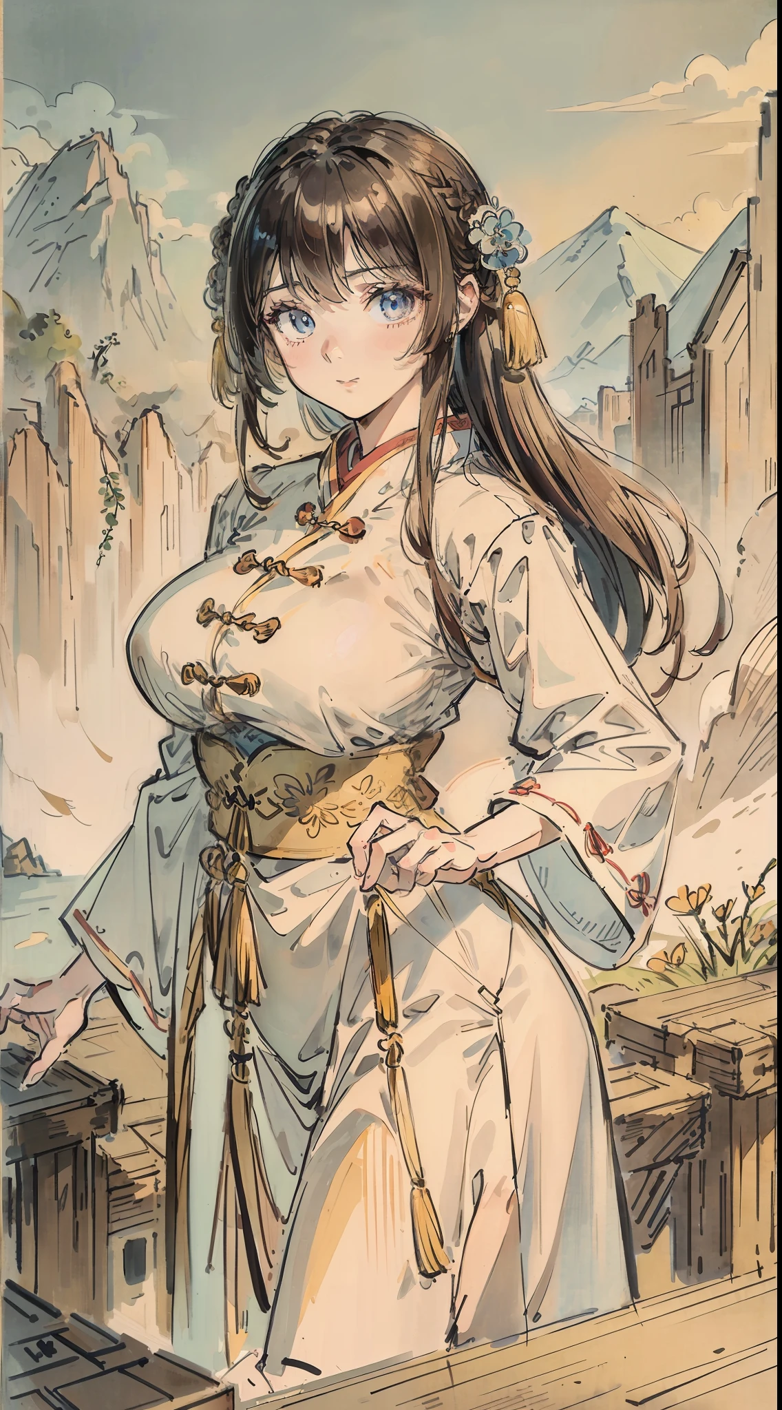 Masterpiece, Superb Product, ((Willow), Upper Body, 1girl, Standing, Hanfu, Detailed Eyes, Big Breasts, Peace, Looking at the Viewer, Brunette Hair, Chinese Painting, Landscape