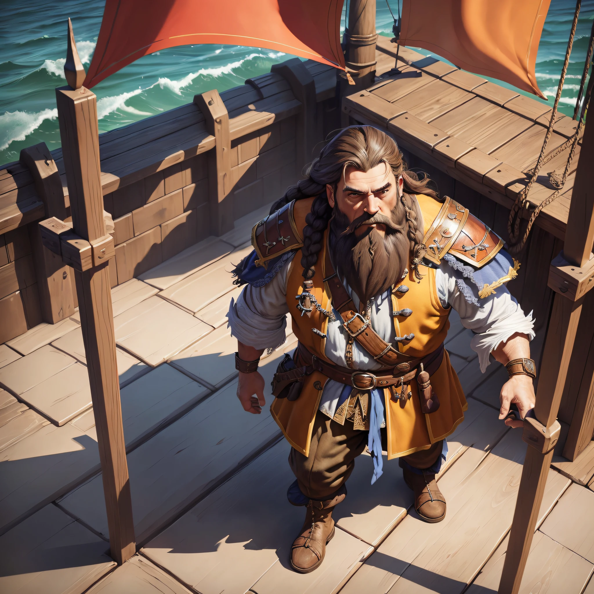 (highly detailed RAW color photo, absurd resolution, high resolution, ultra detailed), ((r 3 6 angle)),
1 man, mature, robust dwarf, broad shoulders, stocky, long dark brown hair, braided brown beard, very light brown eyes,
(detailed eyes and detailed face),
extremely detailed 8k photo, looking at the viewer, solo, alone, (full body:0.4),
inside a ship, exterior ship background, detailed face, (medieval fantasy theme:1.3),
merchant, pirate-themed clothes, yellow pirate robes with orange details,
ship in the background, outside the ship,
inspired by Dungeons and Dragons, digital artwork, ultra-realistic, vivid color, --auto --s2