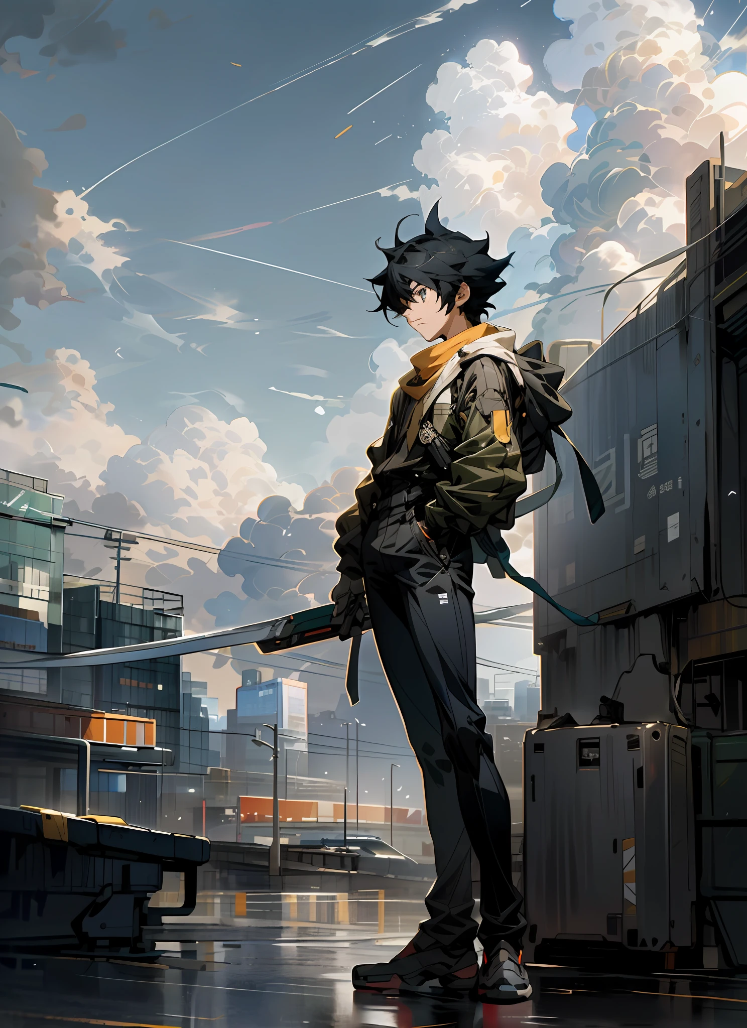 sky, cloud, holding_weapon, no_humans, glowing, , robot, building, glowing_eyes, mecha, science_fiction, city, real, mecha, black hair and black military uniform anime youth, 4K manga wallpaper, no text, Makoto Shinkai style, far away!!, see off far away, Makoto Shinkai. Digital rendering, Makoto Shinkai art style, shoulder visible, Gwise and Makoto Shinkai, full body view in the distance,