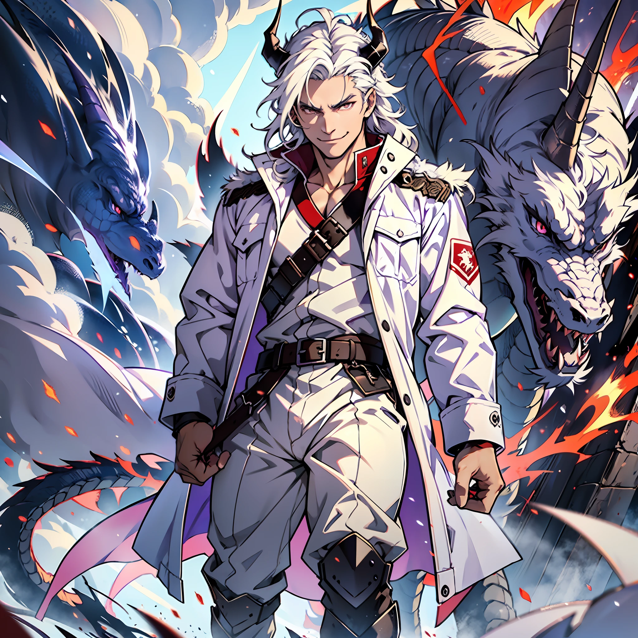 Muscular man, alone, white windbreaker, white long pants, white hair, black locks of hair, Japanese-looking man, dragon horns, violet-colored military boots, evil smile, dark brown eyes, fantasy scenery, walking through the flames of darkness.