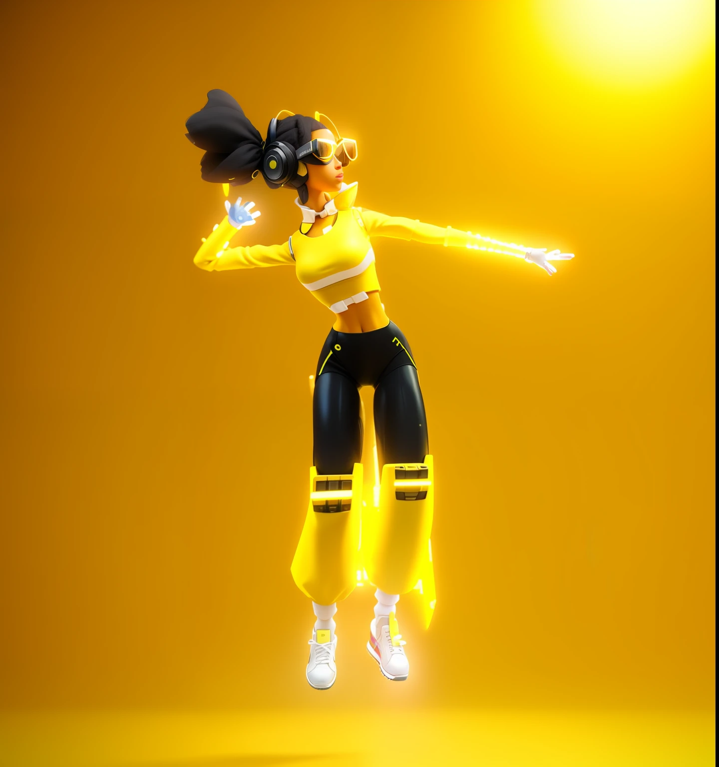 a close up of a person in a yellow outfit jumping in the air, 3 d render character art 8 k, 3 d character render, epic 3 d oshun, cyberpunk bee, afro futuristic, 3 d character, 3d character, african female android, jump pose, rendered in sfm, render of a cute 3d anime girl, anime robotic mixed with organic