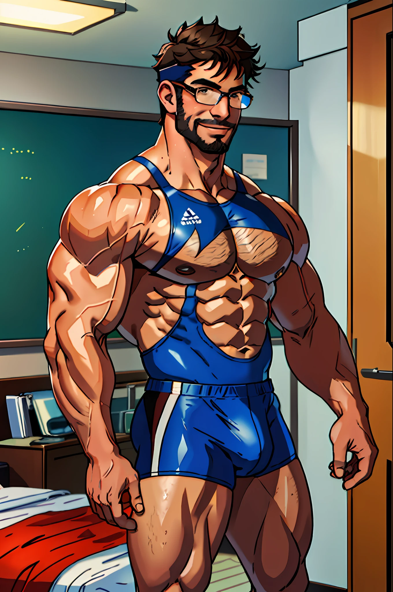 Best quality, masterpiece, ultra high res, detailed background, realistic, solo, male, wearing a clear glasses, mature, bara, muscular, short hair, facial hair, shirtless outfit, tight briefs, school, full body, shirtless outfit, swimming athlete, inside hotel room, sports, thick thighs, light smile