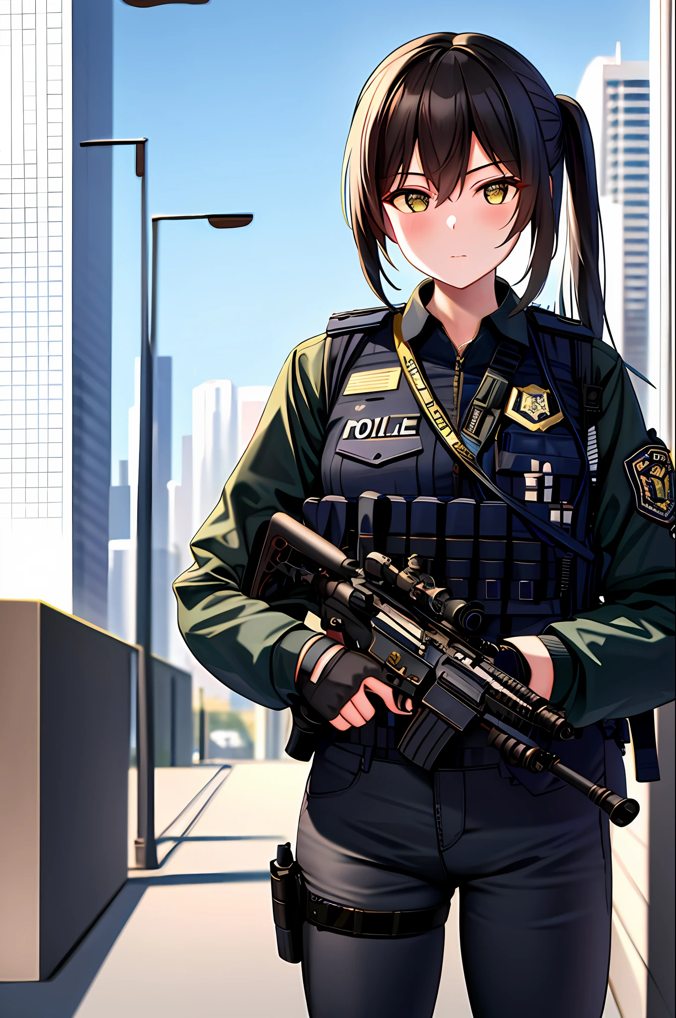 ((masterpiece)), ((best quality)), ((highres)), 1girl, solo, m4a1, rifle, trigger discipline, city background, police officer, pants,