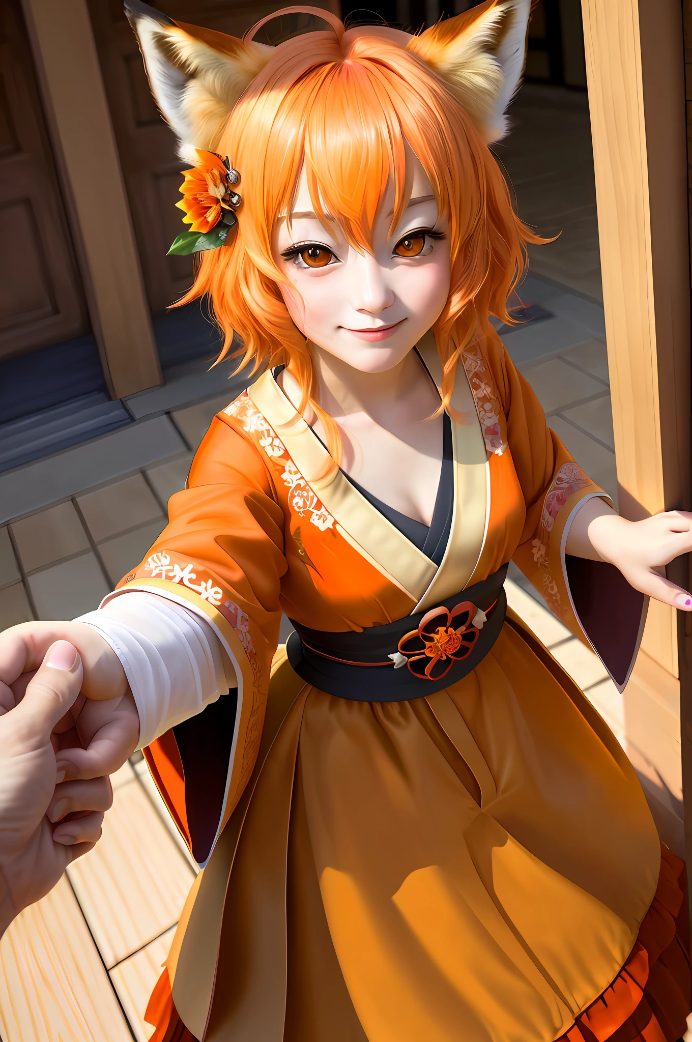 high detail, (photorealistic), realistic, masterpiece, best quality, ((portrait of Senko-san's face The helpful fox )), Senko-sancroptop, detailed face, 1.3, 1.5 detailed eyes, (hair flower), (hair ornament), (orange eyes), (orange hair), (short hair), foxtail, flat chest, kimono, miko, happy, [smile], [hugging hands], pentagram] looking at the viewer from the bottom up. Embracing the viewer. [Hug from behind].