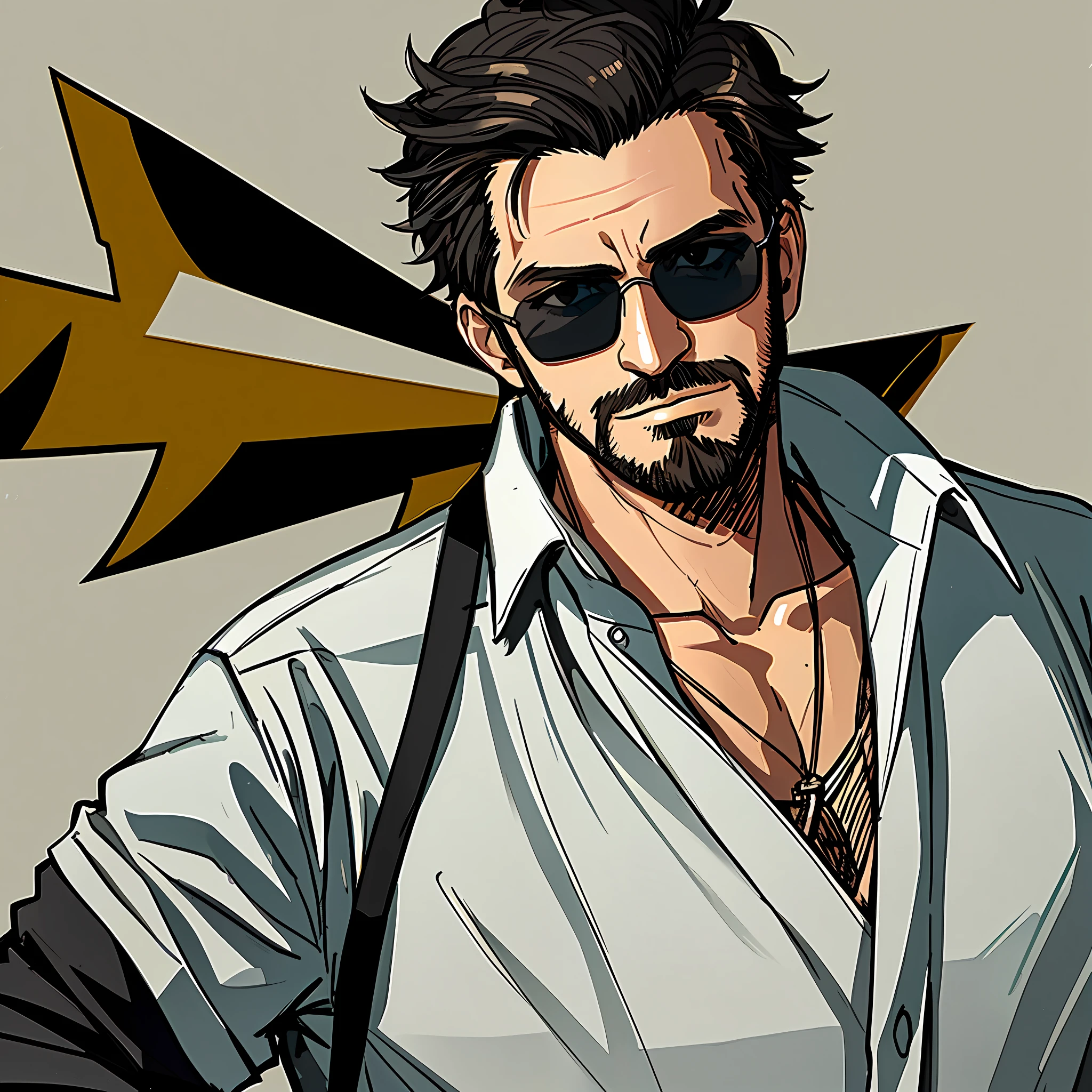 ((masterpiece)),((best quality)),((high detail)),((realistic,)) 1man, short hair, sunglasses, gray shirt, Japanese background, very short hair, portrait, very short beard, protruding forehead