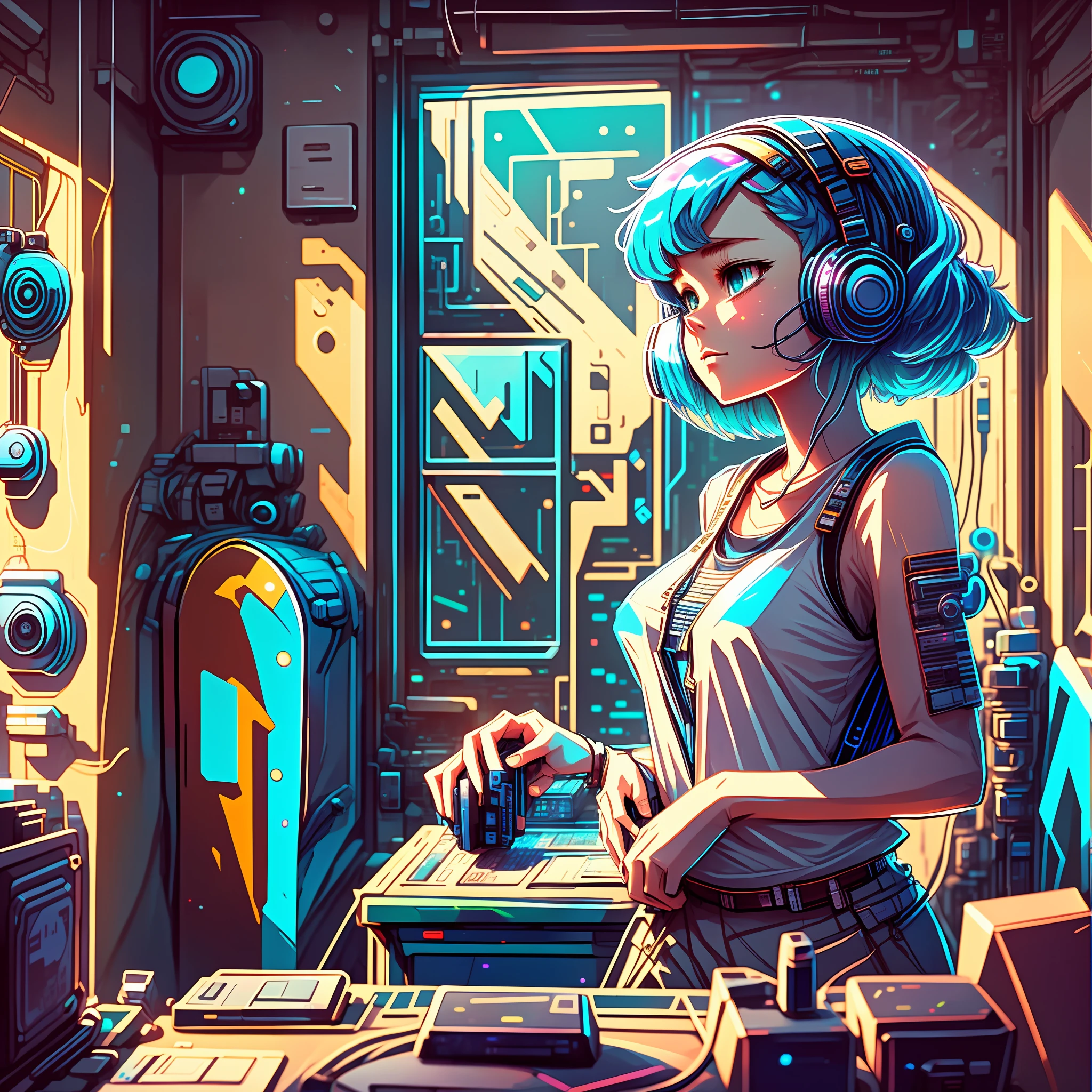 anime girl in a room with a computer and a dj, cyberpunk art style, cyberpunk artstyle, digital cyberpunk - anime art, in cyberpunk style, digital cyberpunk anime art, detailed cyberpunk illustration, dreamy cyberpunk girl, cyberpunk illustration, cyberpunk themed art, style hybrid mix of beeple, lofi girl, cyberpunk vibe, cyberpunk vibes, muted cyberpunk style