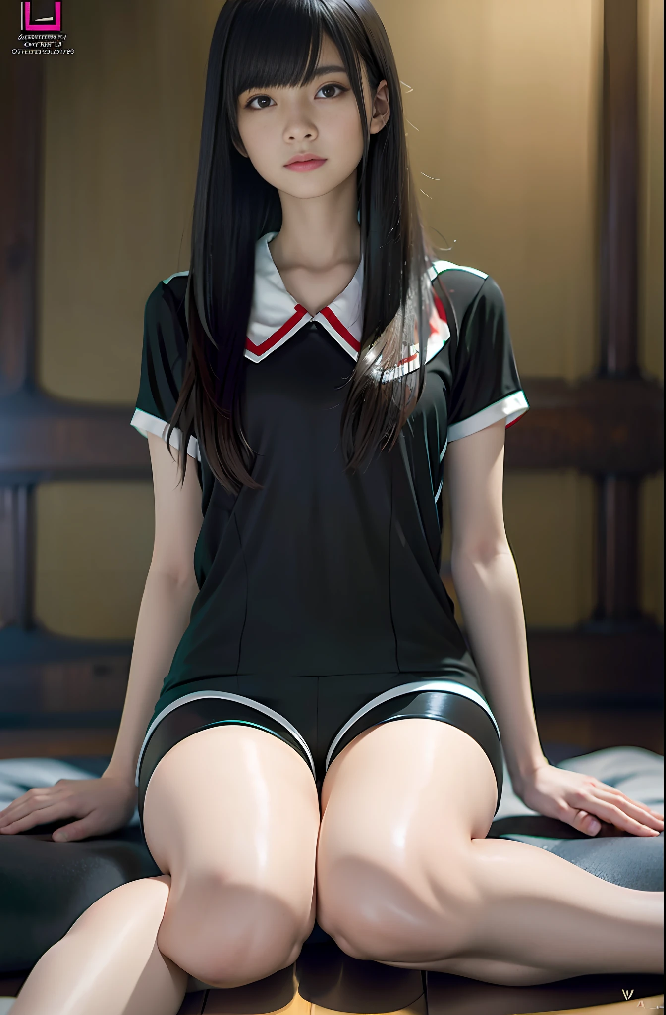 masterpiece, masterpiece, best quality, best quality, real, unity, 8k wallpaper, official art, highly detailed cg unity 8k wallpaper, ulzzang-6500, (original: 1.2), (real: 1.4), ultra detailed, high resolution, ultra detail,fantastic, fine detail, cinematic lighting, ((Long black spandex shorts: 1.37)), ((Less exposed thighs:1.2)), red ninja costumes, ninja, simple costumes, (8k, RAW photos, top quality, masterpiece: 1.27), (realistic, photorealistic: 1.37), one girl, cute, professional lighting, physically based rendering, handsome, masterpiece, top quality, high resolution, bed, sitting on knees.