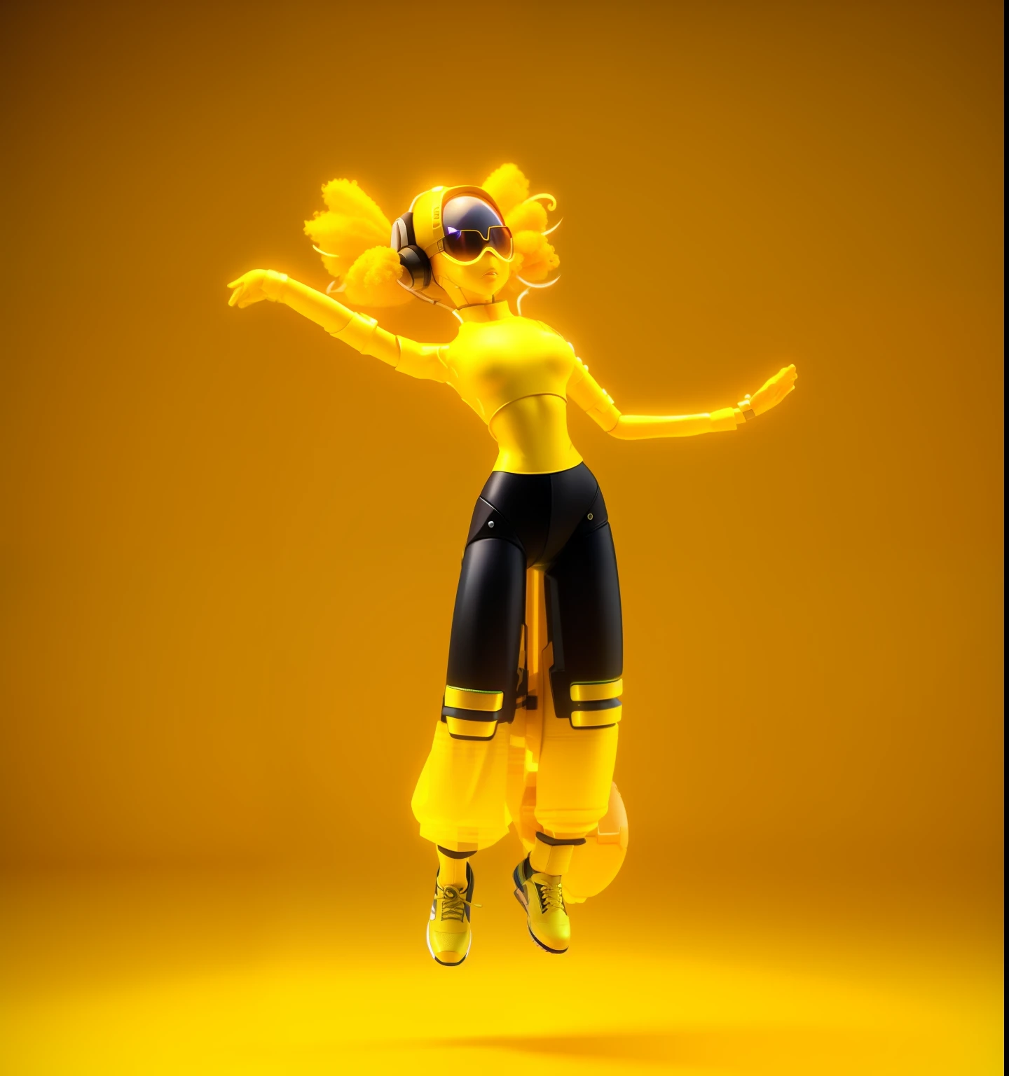 a close up of a person in a yellow outfit jumping in the air, 3 d render character art 8 k, 3 d character render, epic 3 d oshun, cyberpunk bee, afro futuristic, 3 d character, 3d character, african female android, jump pose, rendered in sfm, render of a cute 3d anime girl, anime robotic mixed with organic