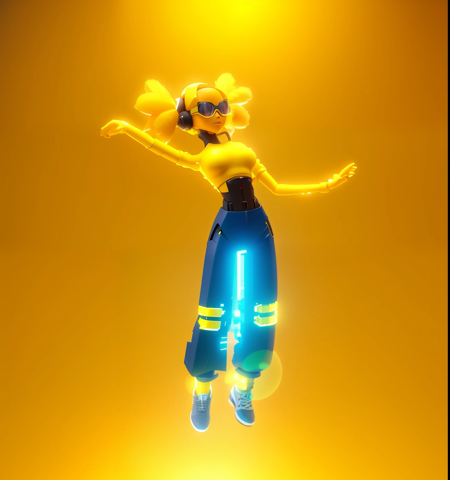 a close up of a person in a yellow outfit jumping in the air, 3 d render character art 8 k, 3 d character render, epic 3 d oshun, cyberpunk bee, afro futuristic, 3 d character, 3d character, african female android, jump pose, rendered in sfm, render of a cute 3d anime girl, anime robotic mixed with organic