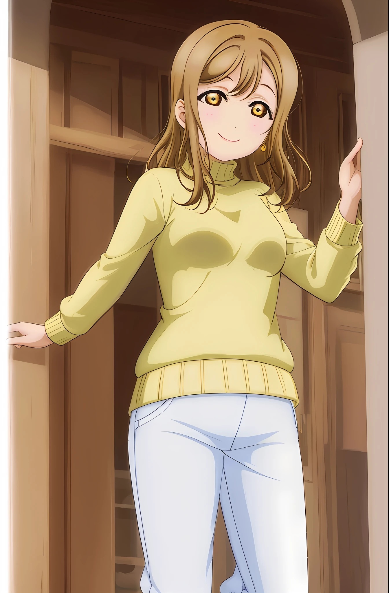 masterpiece, best quality, turtleneck shirt, white shirt, white pants, yellow eyes, light brown hair, straight hair, Kunikida Hanamaru from Love Live, smile, simple background