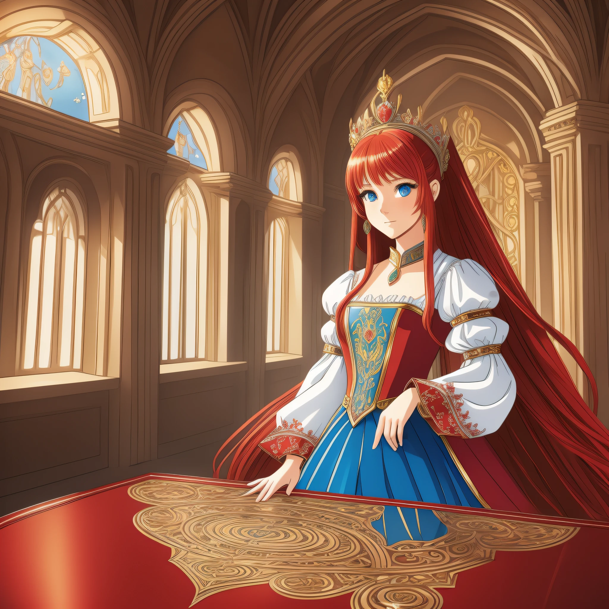 (masterpiece), (best quality), (ultra detailed),(straight hair),(illustration), (2girl), (red princess clothes), standing, model,inside a castle, (interview), (background a woman blonde hair,blue eyes),being crowned, beautiful and delicate face, floating, (high saturation), (colorful splashes),kingdom, (bright), focus on face, ponytail, long red hair, bangs, hair ring, table with chairs, floating hair, (shiny), better lighting, better shade, --auto --s2