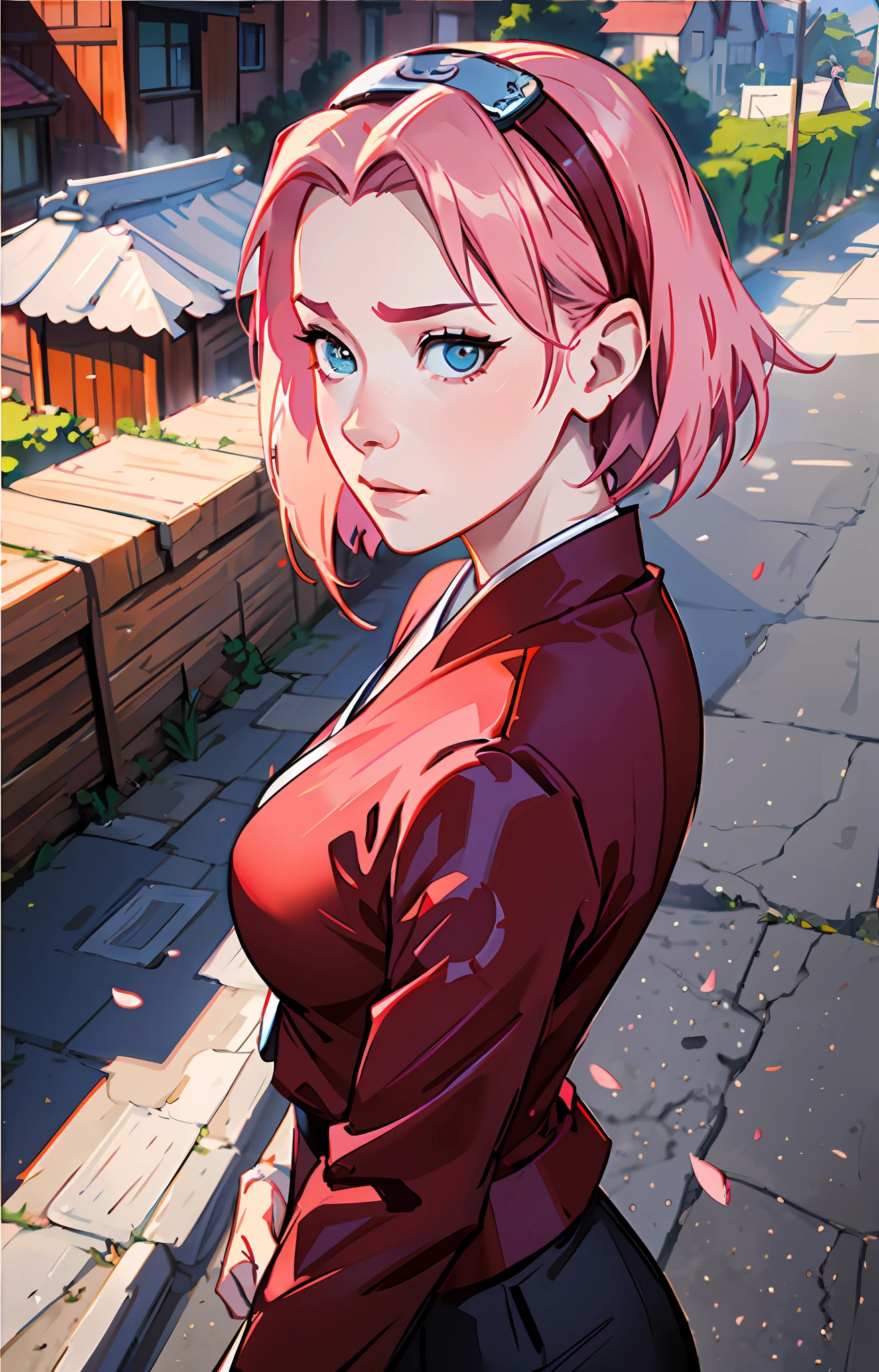 Sakura haruno, ANIME NARUTO, NINJA, ((forehead the show)), sad, attractive, wearing a ((red blouse)), pink hair, delicate, young, short hair, detailed face, in a village , full body, looking at the viewer, bandana on the head, trend in art by rhads, andreas rocha, rossdraws, makoto shinkai, laurie greasley, lois van baarle, ilya kuvshinov and greg rutkowski