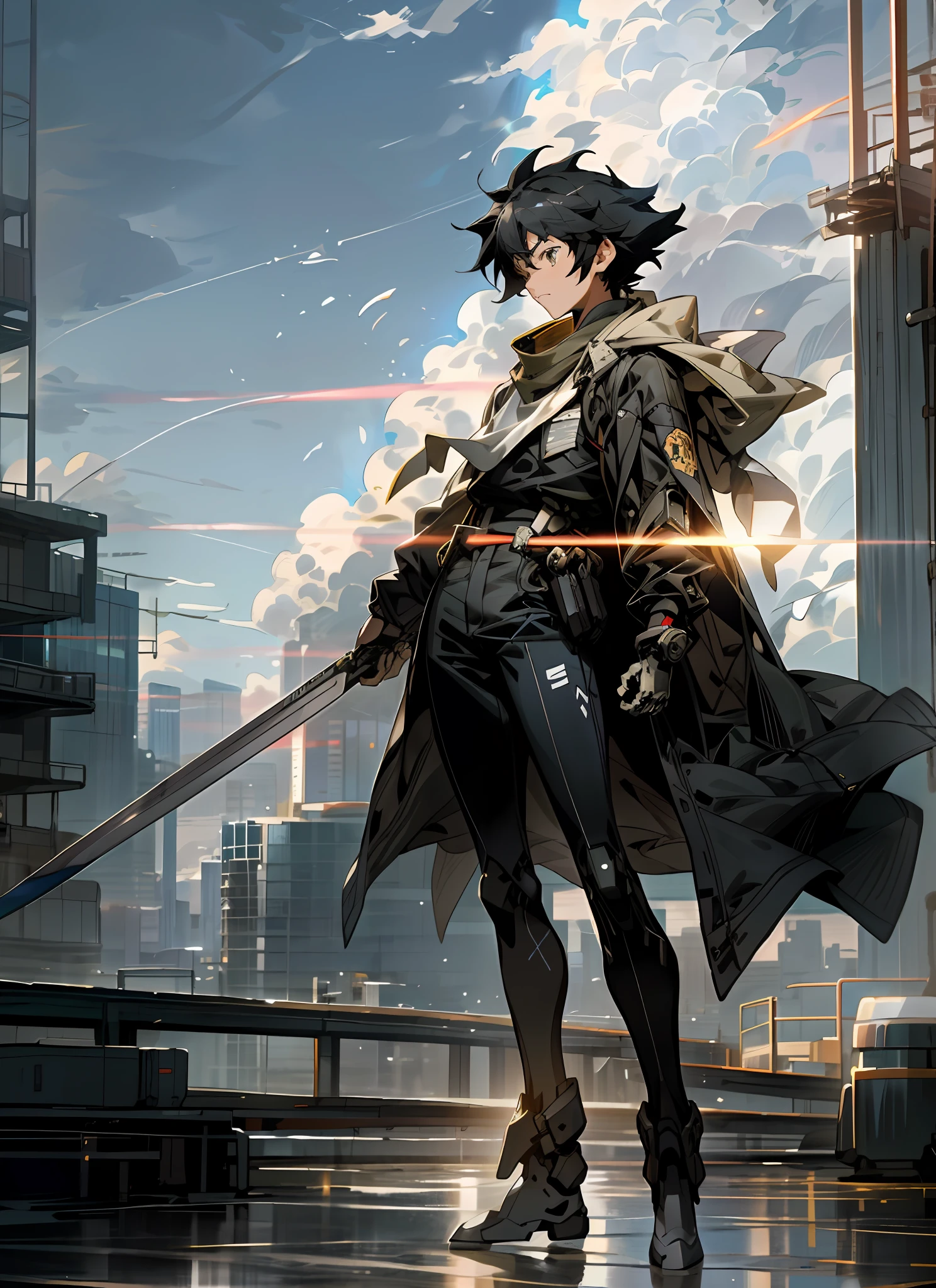 sky, cloud, holding_weapon, no_humans, glowing, , robot, building, glowing_eyes, mecha, science_fiction, city, real, mecha, black hair and black military uniform anime youth, 4K manga wallpaper, no text, Makoto Shinkai style, far away!!, see off far away, Makoto Shinkai. Digital rendering, Makoto Shinkai art style, shoulder visible, Gwise and Makoto Shinkai, full body view in the distance,