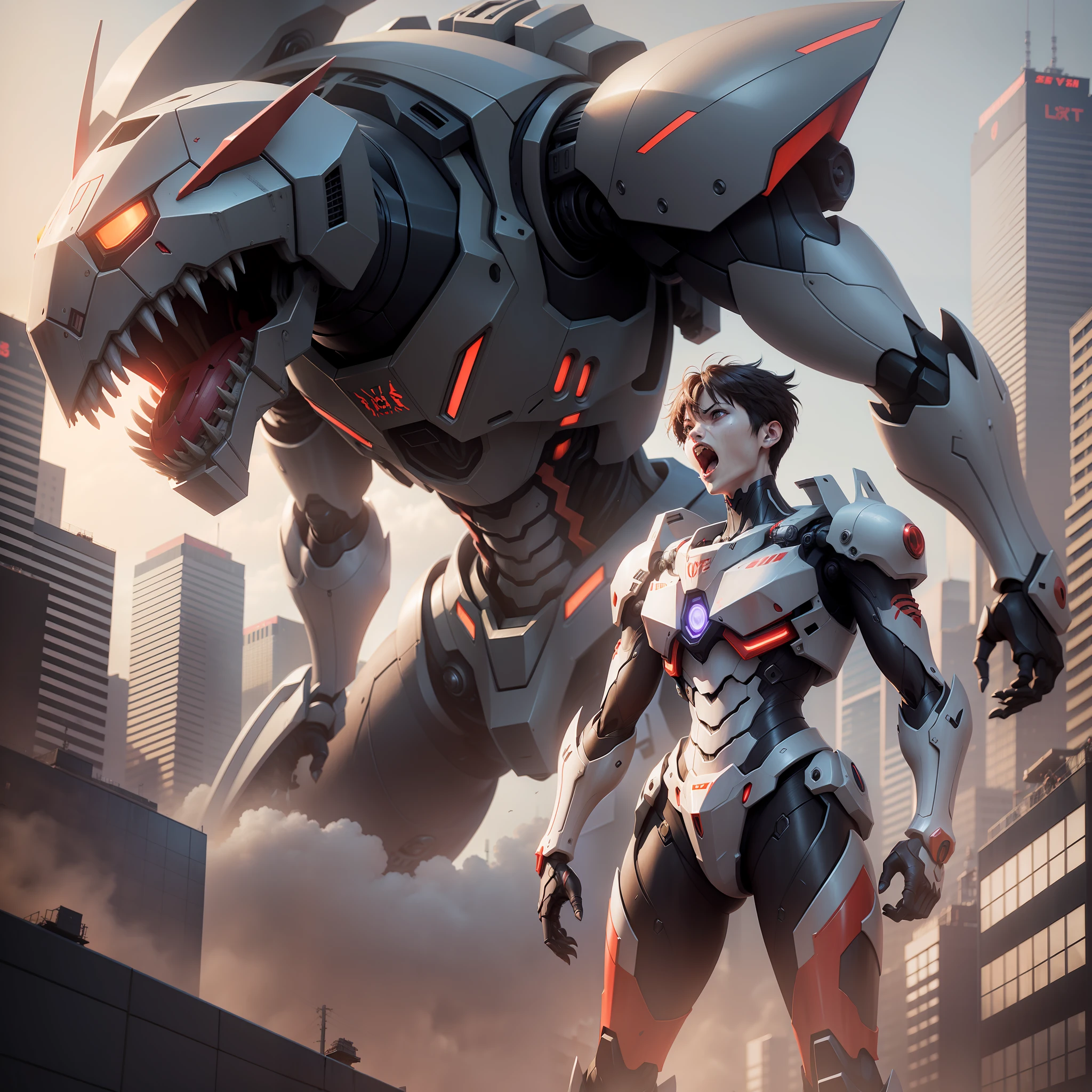 giant evangelion robot standing in tokyo city,dark fantasy,evangelion,skinny,screaming,3d,unreal engine 5,detailed