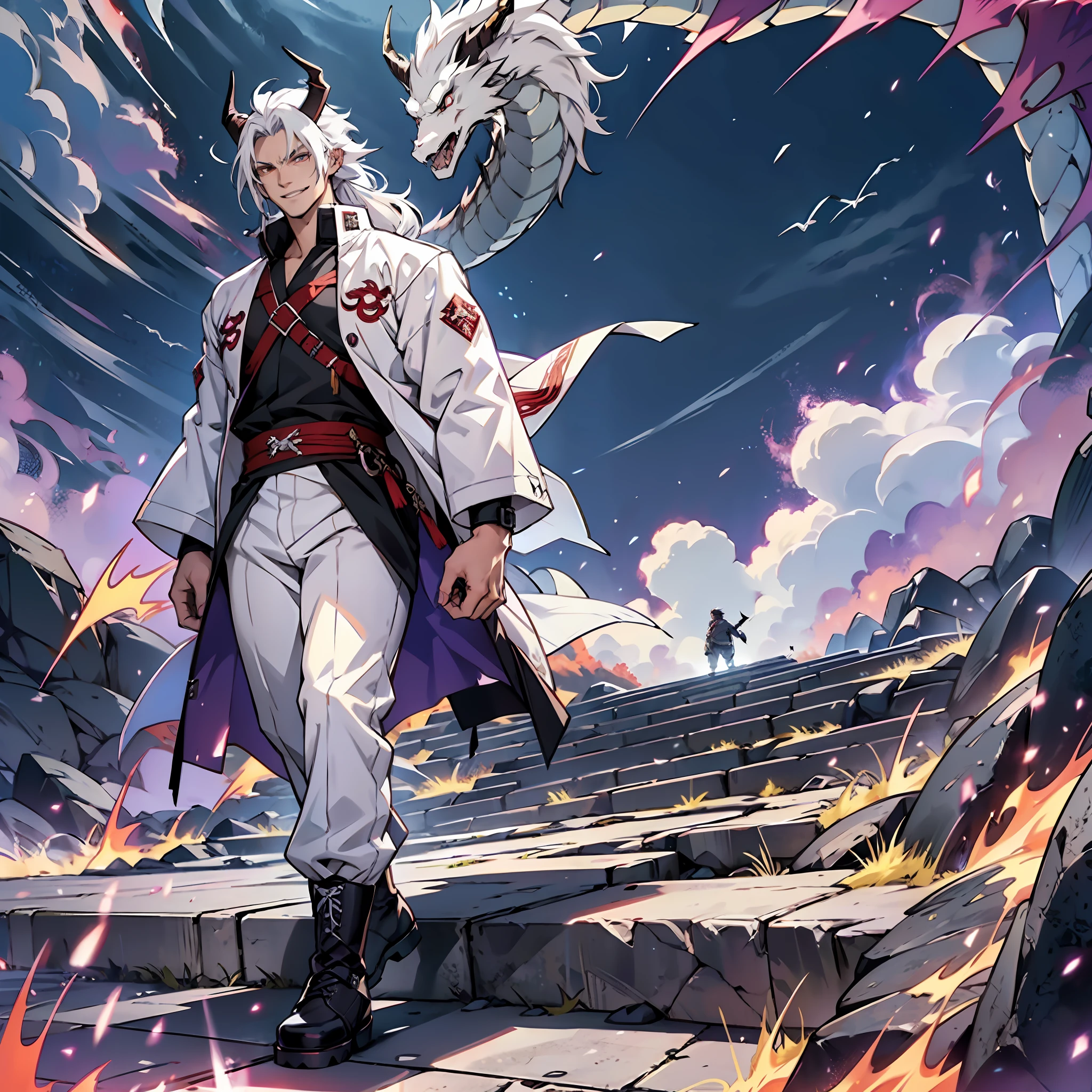Muscular man, alone, white windbreaker, white long pants, white hair, black locks of hair, Japanese-looking man, dragon horns, violet-colored military boots, evil smile, dark brown eyes, fantasy scenery, walking through the flames of darkness.