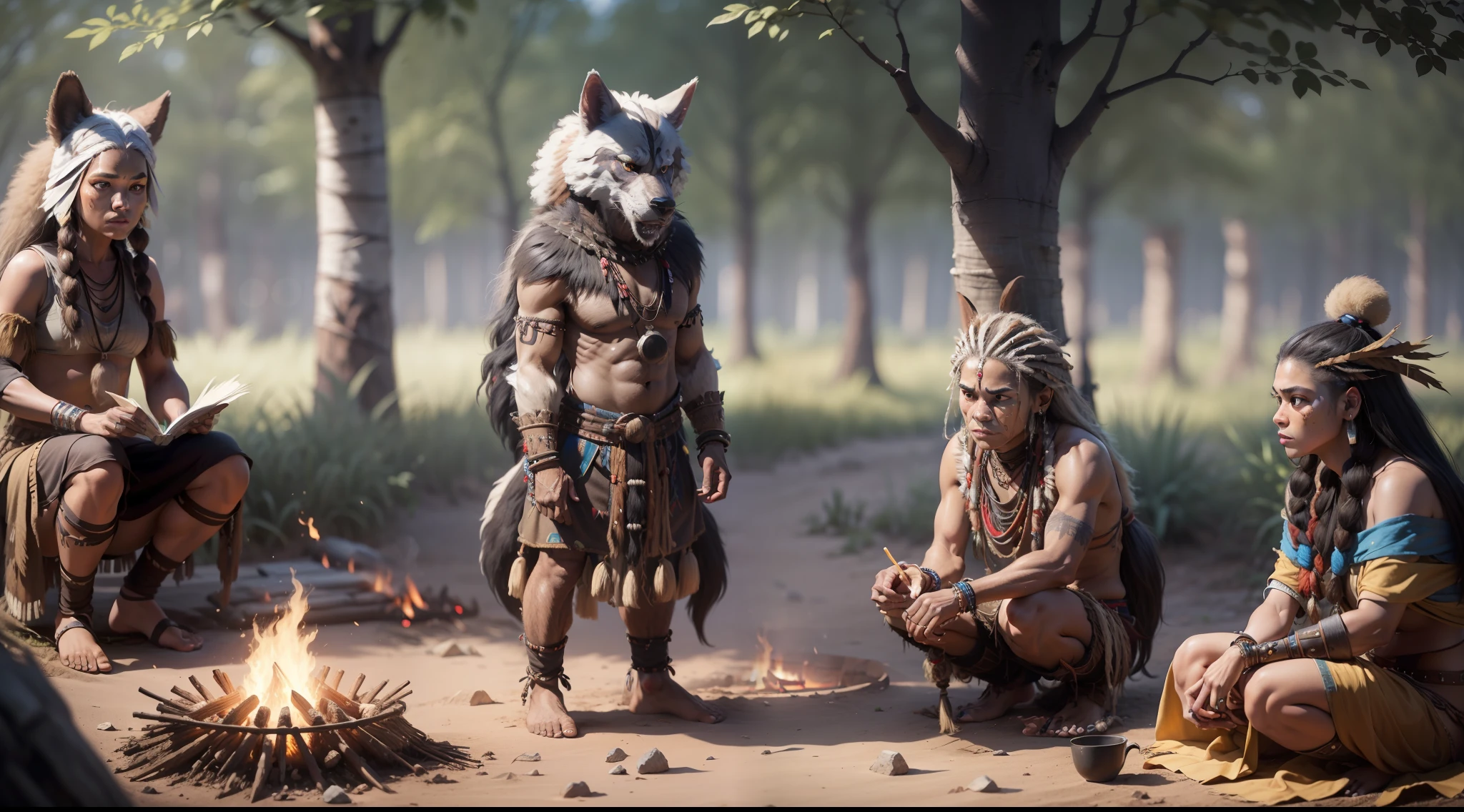 fking_scifi_v2, werewolf, Káiri. Káiri, tribes, campfire, dance, indios, indio cabeça de lobo, amazon forest, indios, werewolf with indigenous costumes, late eighteenth century, realism, photo realism, 8k, 80mm, f/1.8