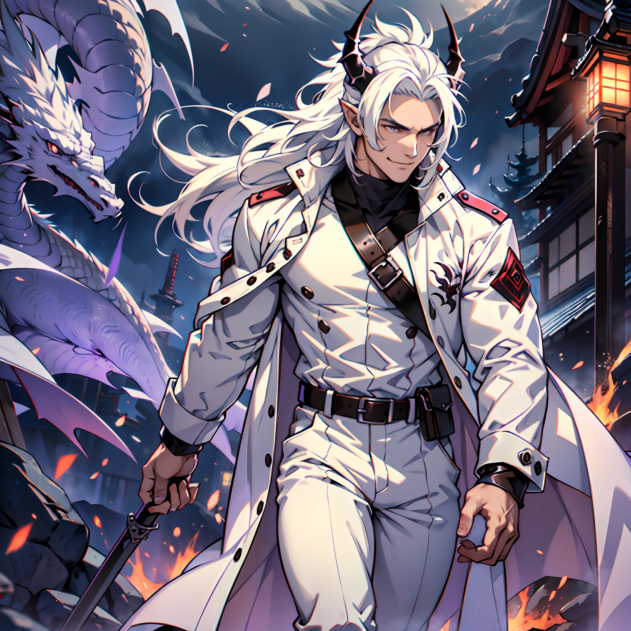 Muscular man, alone, white windbreaker, white long pants, white hair, black locks of hair, Japanese-looking man, dragon horns, violet-colored military boots, evil smile, dark brown eyes, fantasy scenery, walking through the flames of darkness.