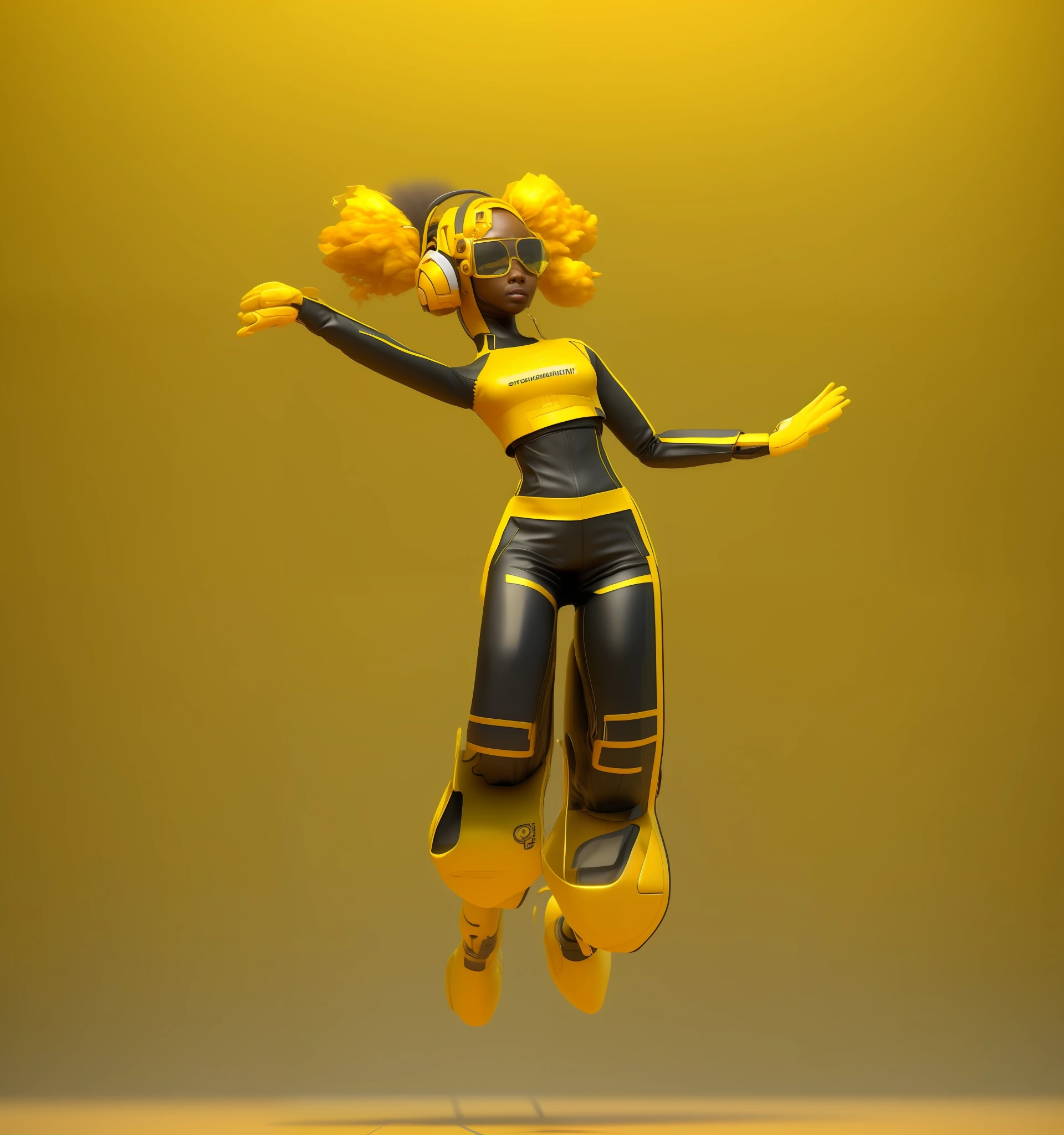 a close up of a person in a yellow outfit jumping in the air, 3 d render character art 8 k, 3 d character render, epic 3 d oshun, cyberpunk bee, afro futuristic, 3 d character, 3d character, african female android, jump pose, rendered in sfm, render of a cute 3d anime girl, anime robotic mixed with organic
