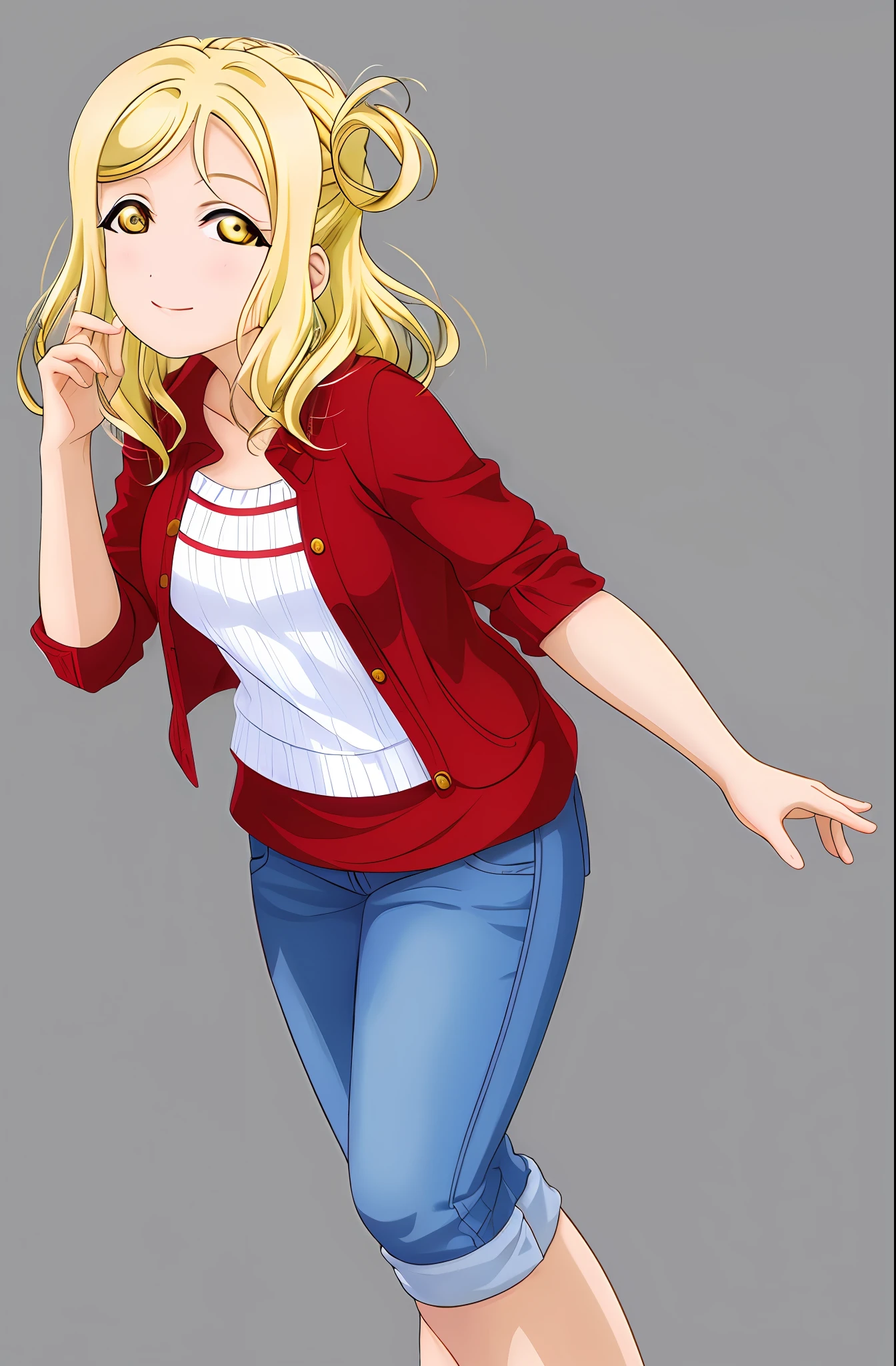 masterpiece, best quality, red long-sleeved shirt, denim pants, blonde hair, greenish yellow eyes, Ohara Mari from Love Live, simple background