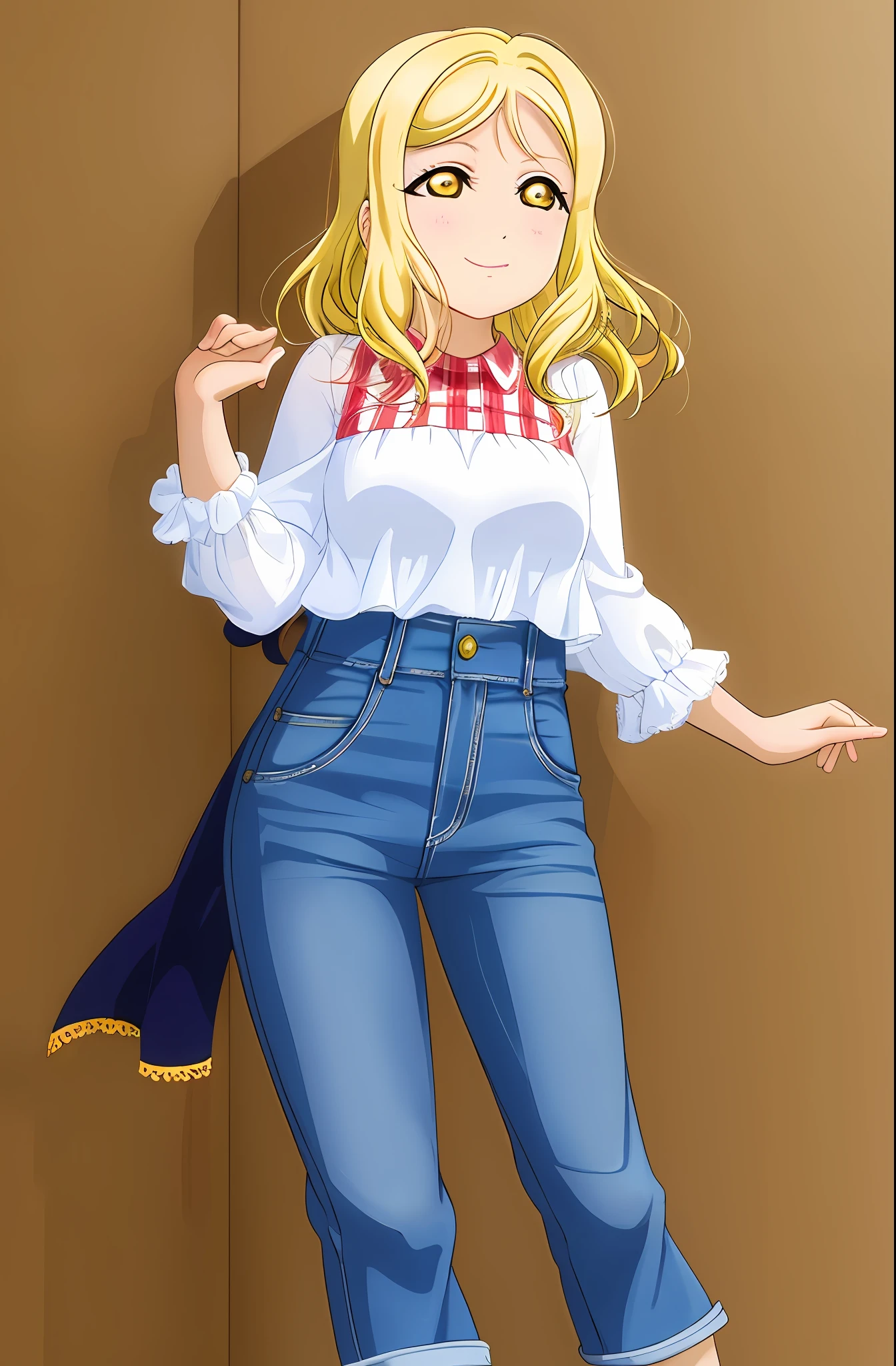 masterpiece, best quality, red long-sleeved shirt, denim pants, blonde hair, green-yellow yellow eyes, Ohara Mari from Love Live, simple background