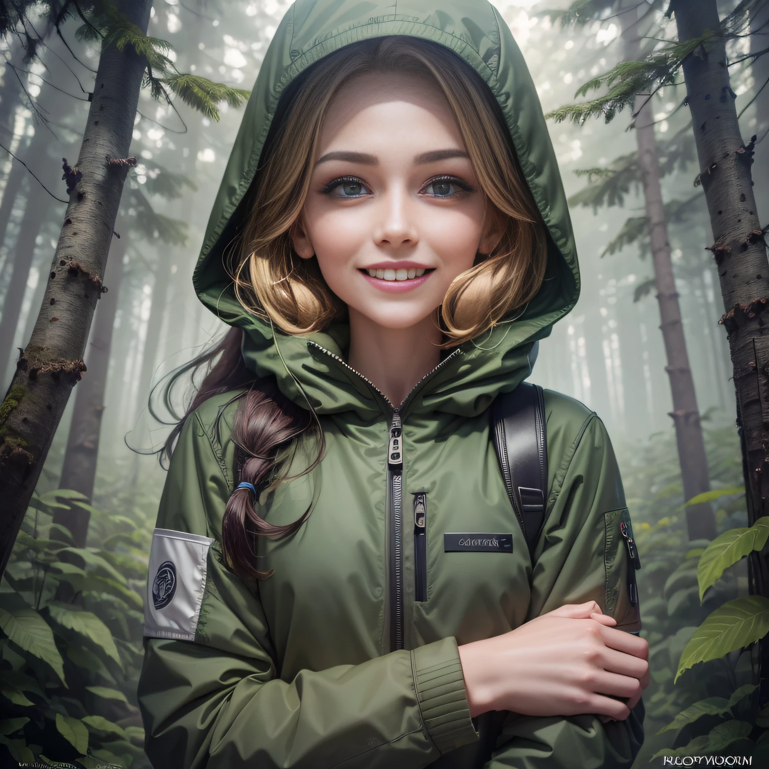 Medium shot, couple, one man and one woman, deep forest, adventure, frolic, happiness, smile, storm jacket, sweater, jeans, pretty eyes, playfulness, surrealism, cinematic lighting, 8K, 16K, masterpiece, high detail, high quality, high resolution, award-winning, best quality, accurate, skin texture