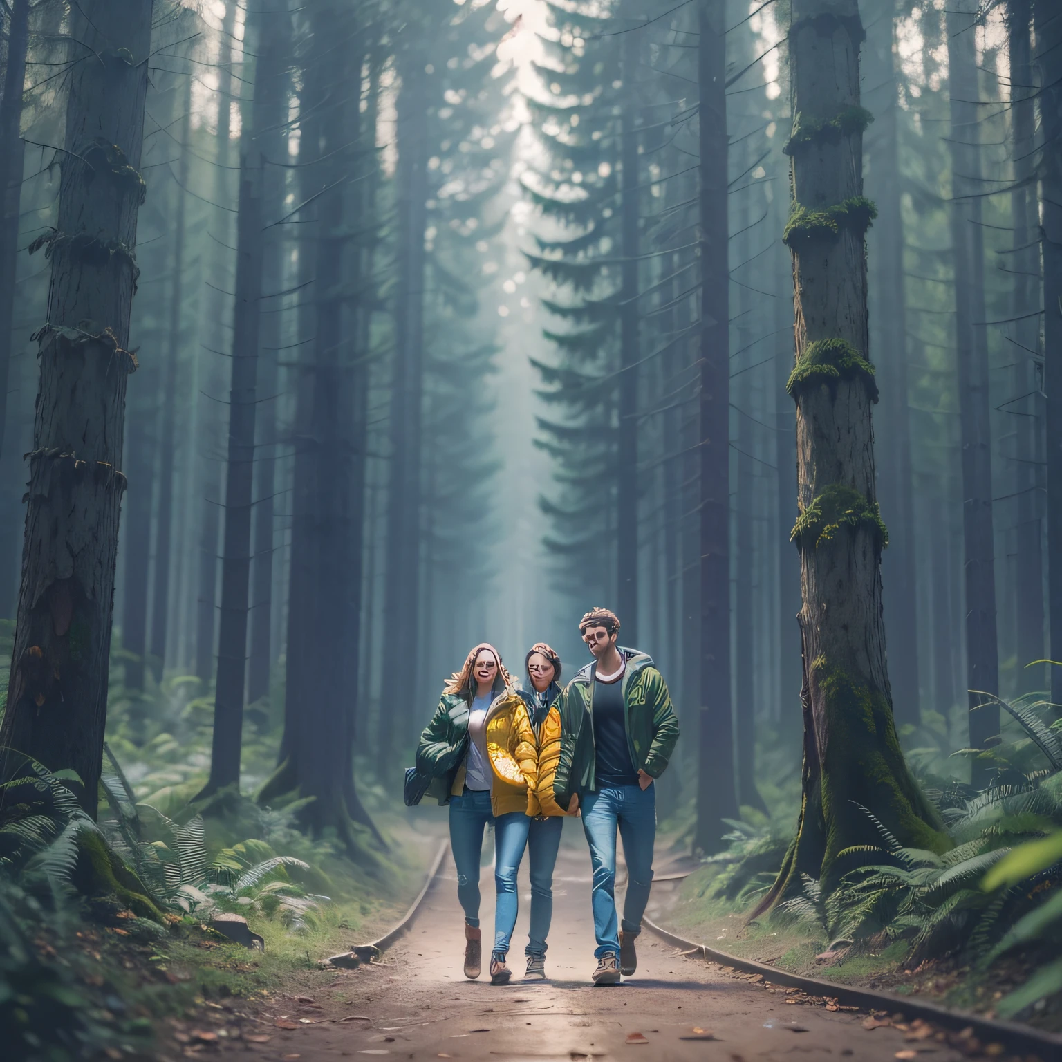 Medium shot, couple, one man and one woman, deep forest, adventure, frolic, happiness, smile, storm jacket, sweater, jeans, pretty eyes, playfulness, surrealism, cinematic lighting, 8K, 16K, masterpiece, high detail, high quality, high resolution, award-winning, best quality, accurate, skin texture