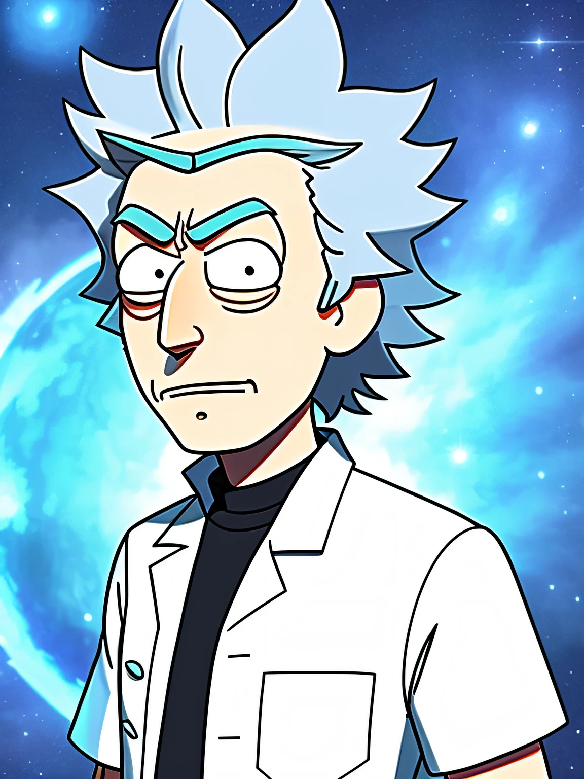 (Rick Sanchez), (cartoon style), rick and morty universe, (wearing a scientist's white coat and T-shirt), (((muscular)))