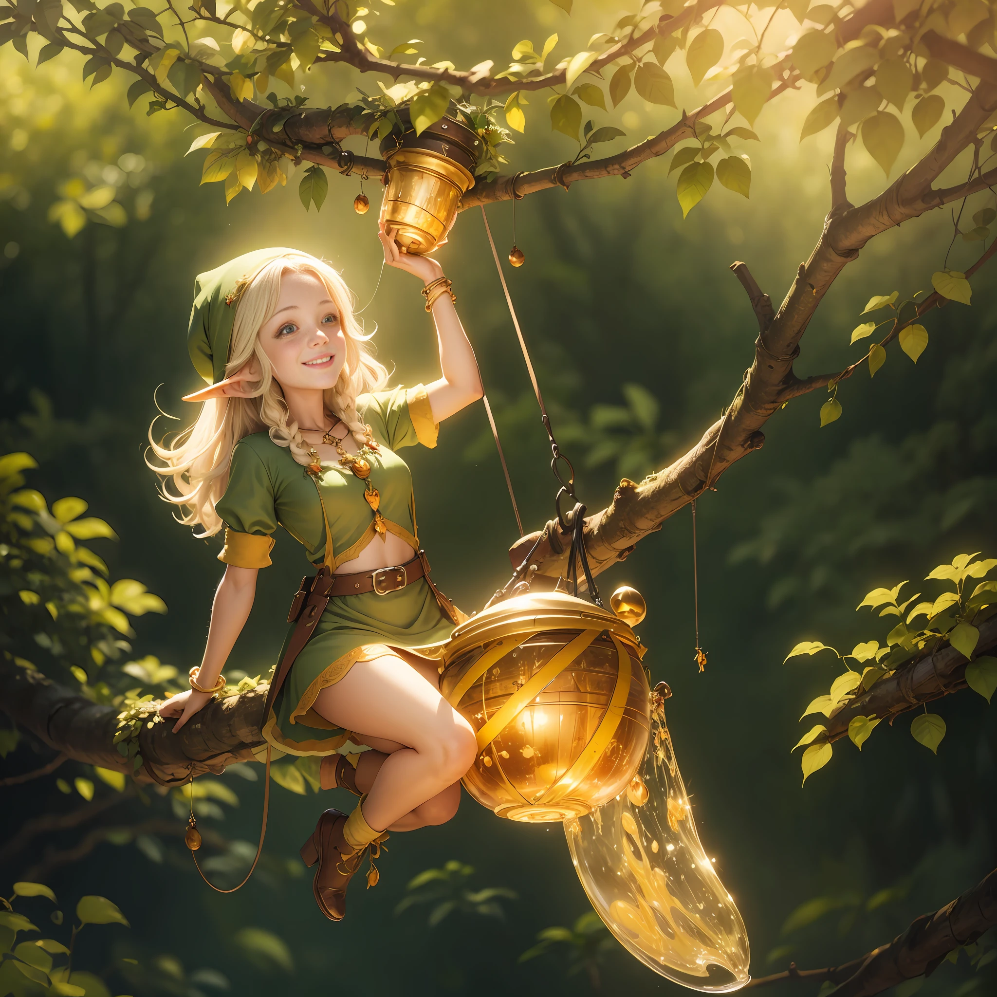 The smile elves go high in the air to collect honey deep into the forest，two detailed legs and shoes