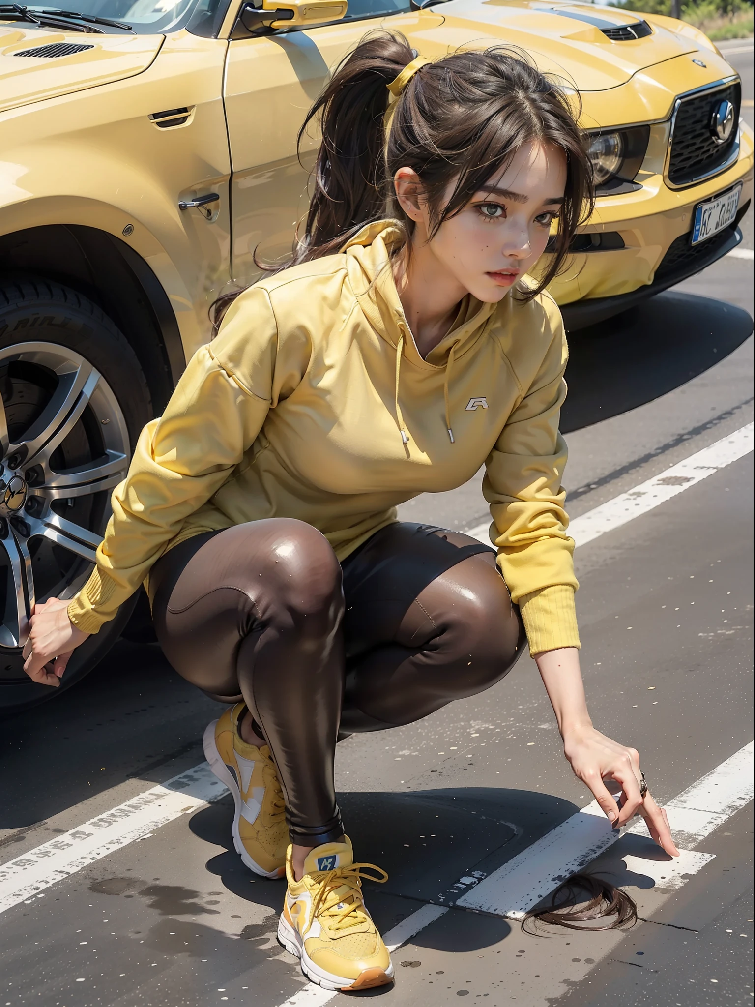(Female: 1.2), (Big Tits: 1.2), (Dark Brown Mullet Head), (Ponytail), (Brown Eyes), (Yellow Low-Cut T-shirt), (White Sweaterwear), (Black Leggings), (Yellow Sneakers), (On the Road), (Running), Sweaty, Early Morning, Masterpiece, Realism