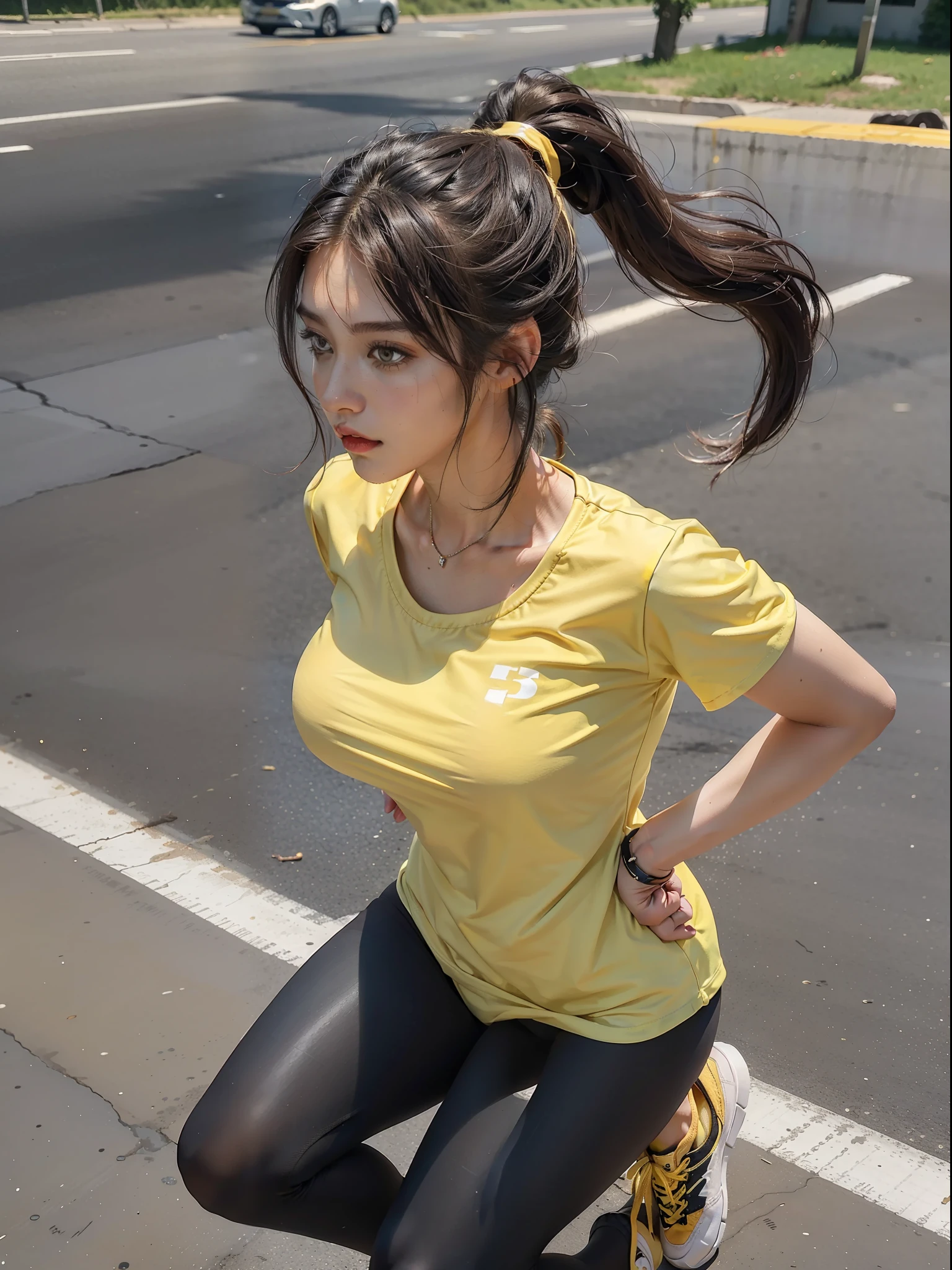 (Female: 1.2), (Big breasts: 1.2), (5 thumbs), (Ring finger diamond ring), (Dark brown mullet head), (Ponytail), (Brown eyes), (Yellow low-cut T-shirt), (Chestless), (Black leggings), (Yellow sneakers), (On the road), (Running), Early in the morning, Sweaty, Full Body, Masterpiece, Realism