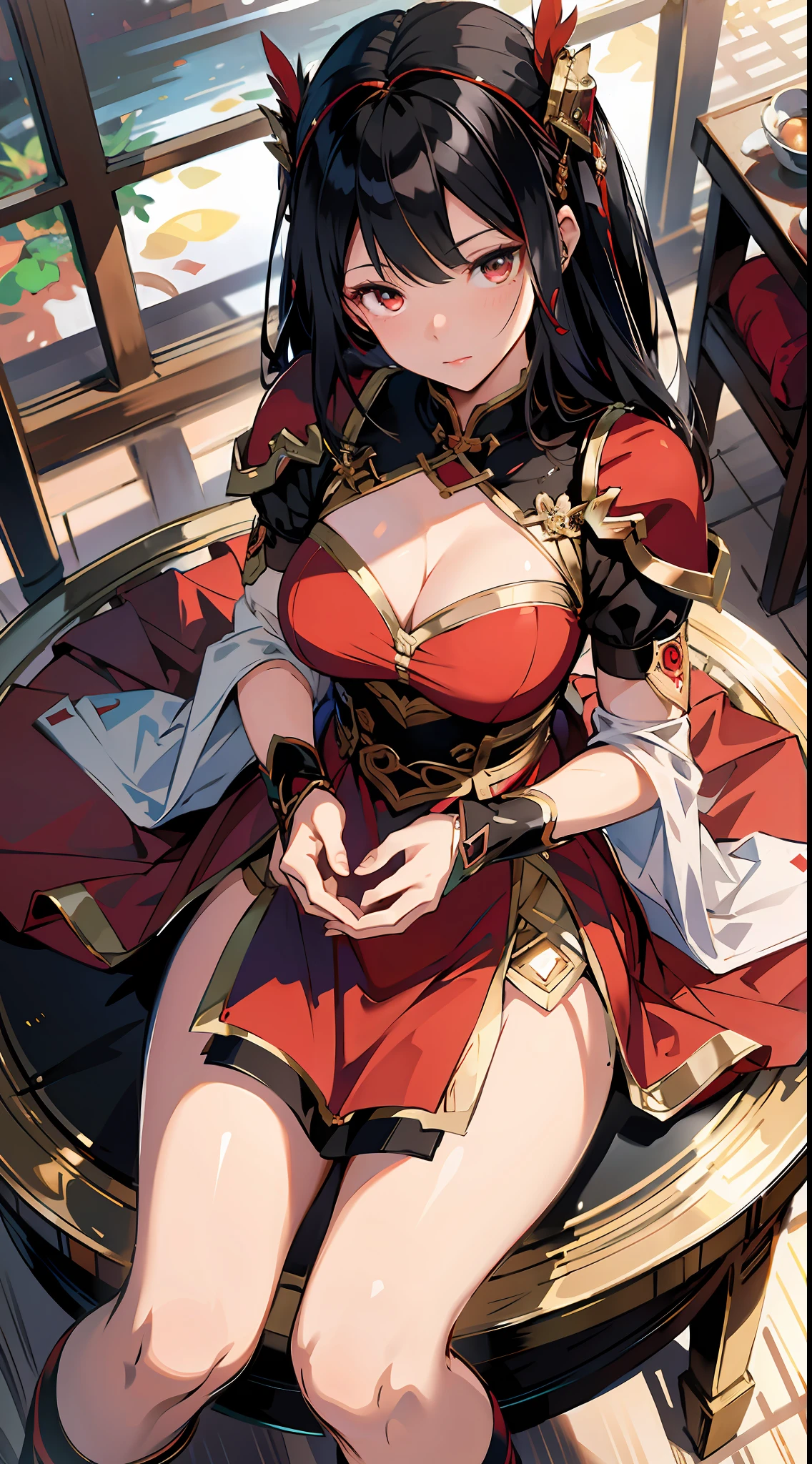 absurd res, high res, (masterpiece:1.4), ultra-detailed, 2girl, from above, space, floating, Chinese dress, red dress, stockings, black hair, golden eyes, cleavage, focus on cleavage,