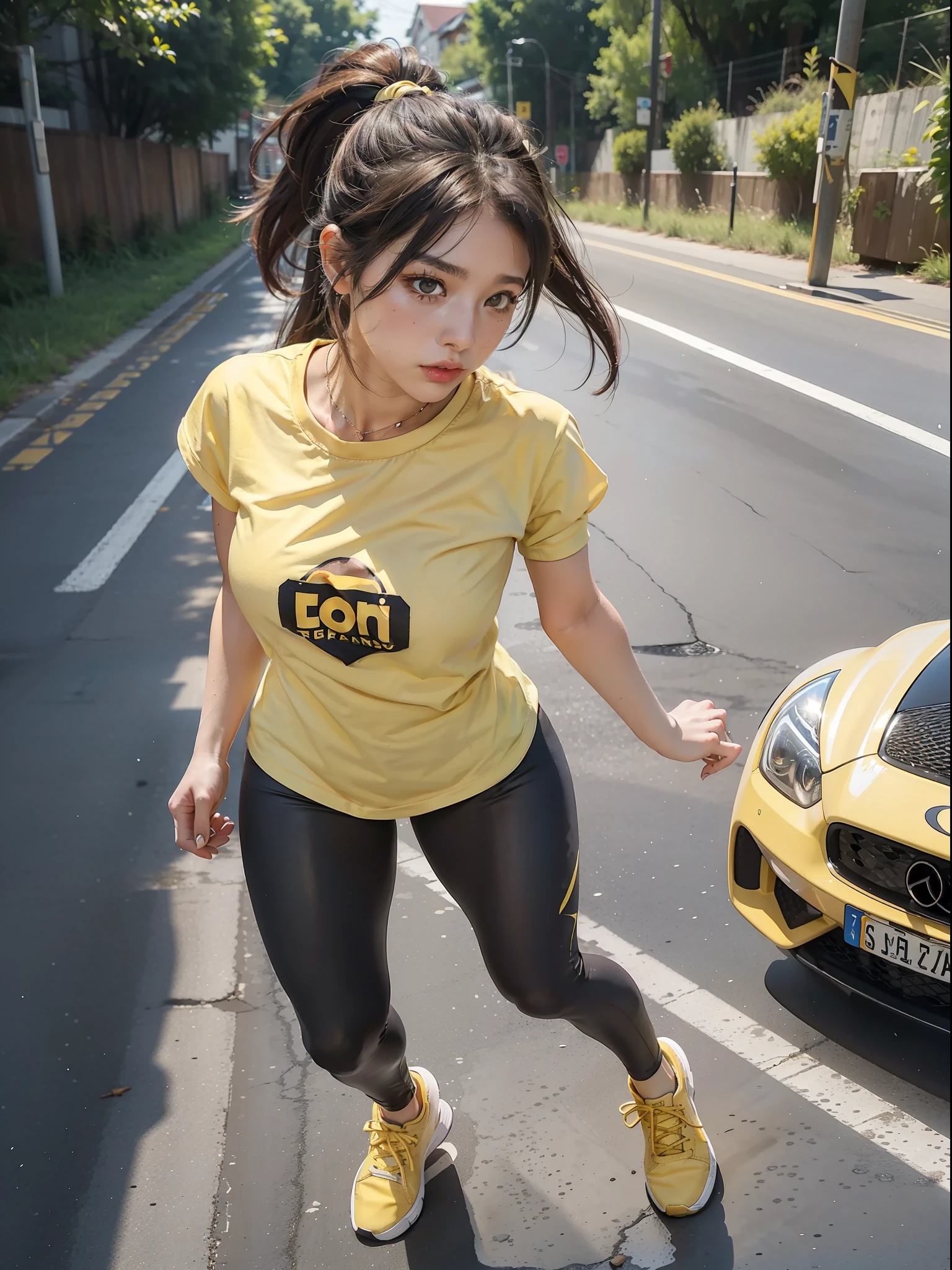 (Female: 1.2), (Big breasts: 1.2), (5 thumbs), (Ring finger diamond ring), (Dark brown mullet head), (Ponytail), (Brown eyes), (Yellow low-cut T-shirt), (Chestless), (Black leggings), (Yellow sneakers), (On the road), (Running), Early in the morning, Sweaty, Full Body, Masterpiece, Realism