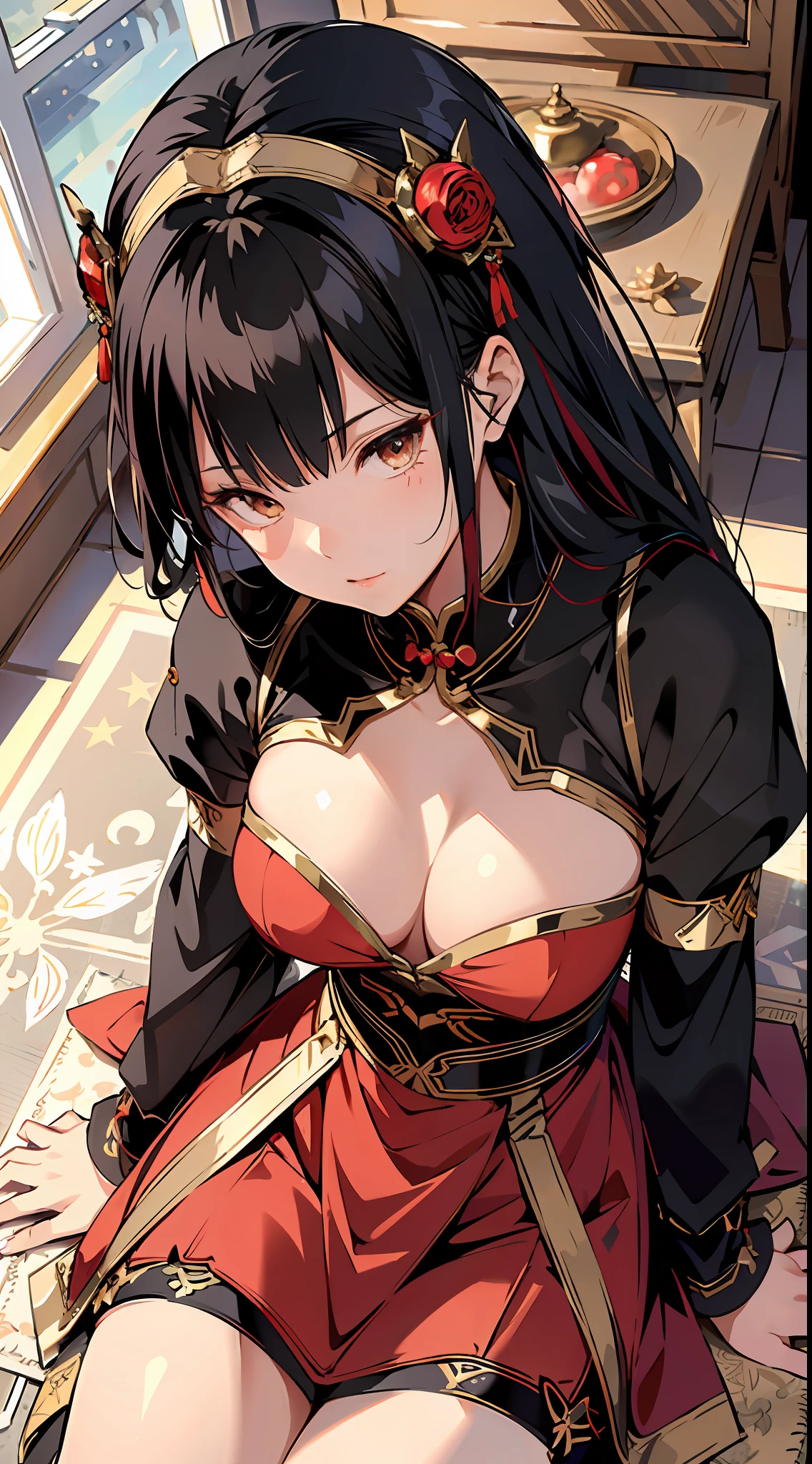 absurd res, high res, (masterpiece:1.4), ultra-detailed, 2girl, from above, space, floating, Chinese dress, red dress, stockings, black hair, golden eyes, cleavage, focus on cleavage,