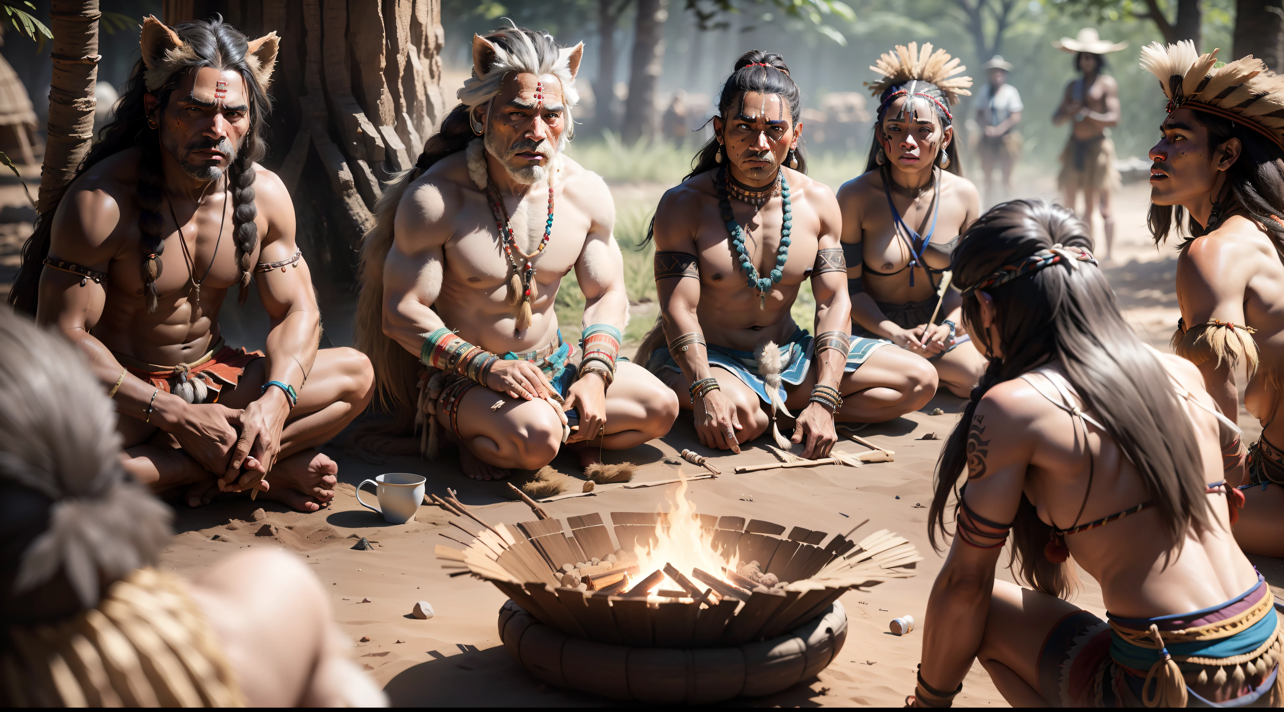 Káiri. Káiri, tribes, campfire, dance, indios, indio cabeça de lobo, amazon forest, indios, werewolf with indigenous costumes, late eighteenth century, realism, photo realism, 8k, 80mm, f/1.8