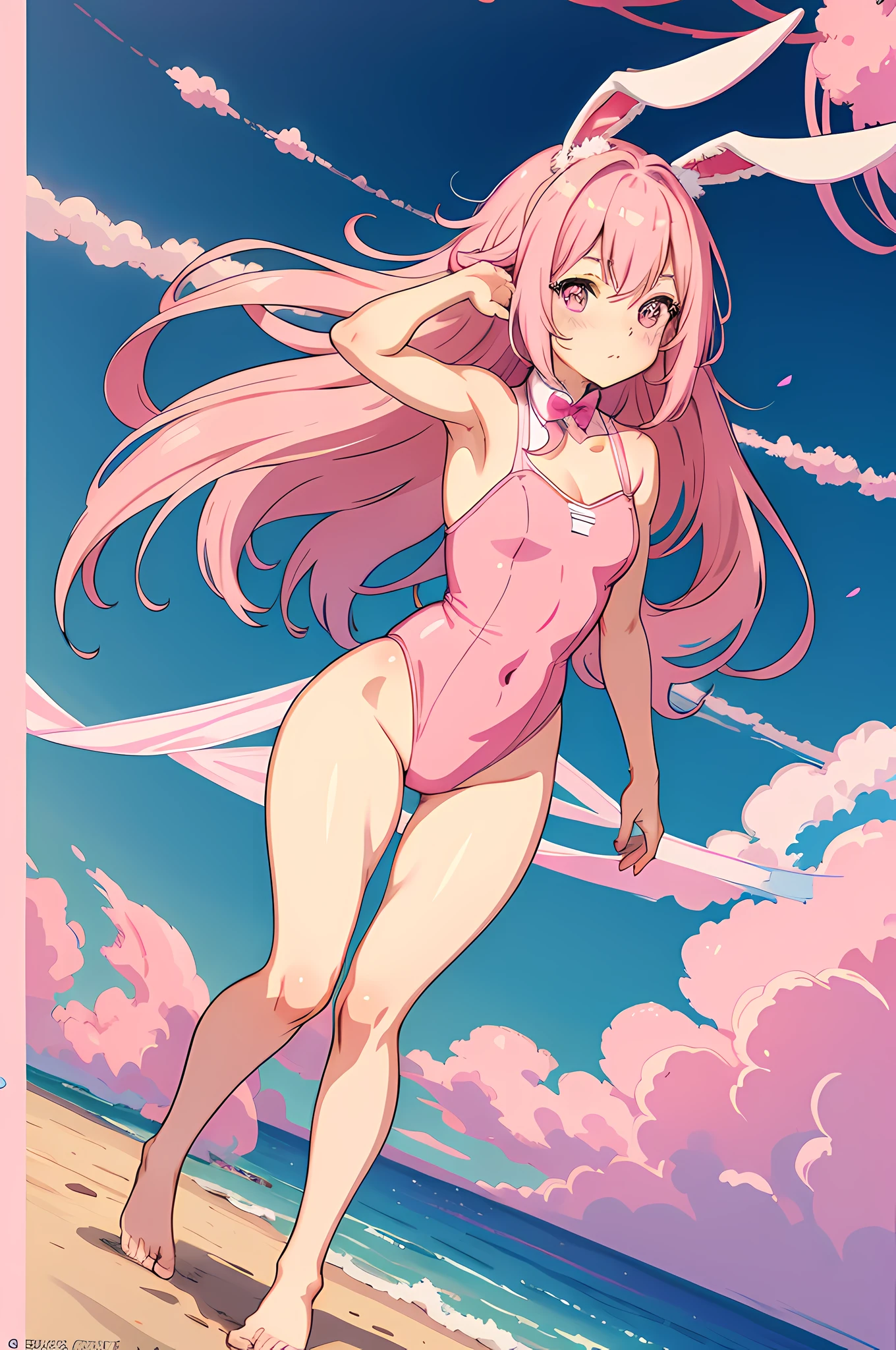 Anime girl with pink hair and rabbit ears with a pink leotard, pink eyes, shy blush,uncovered legs,uncovered thighs.full body, barefoot, feet,