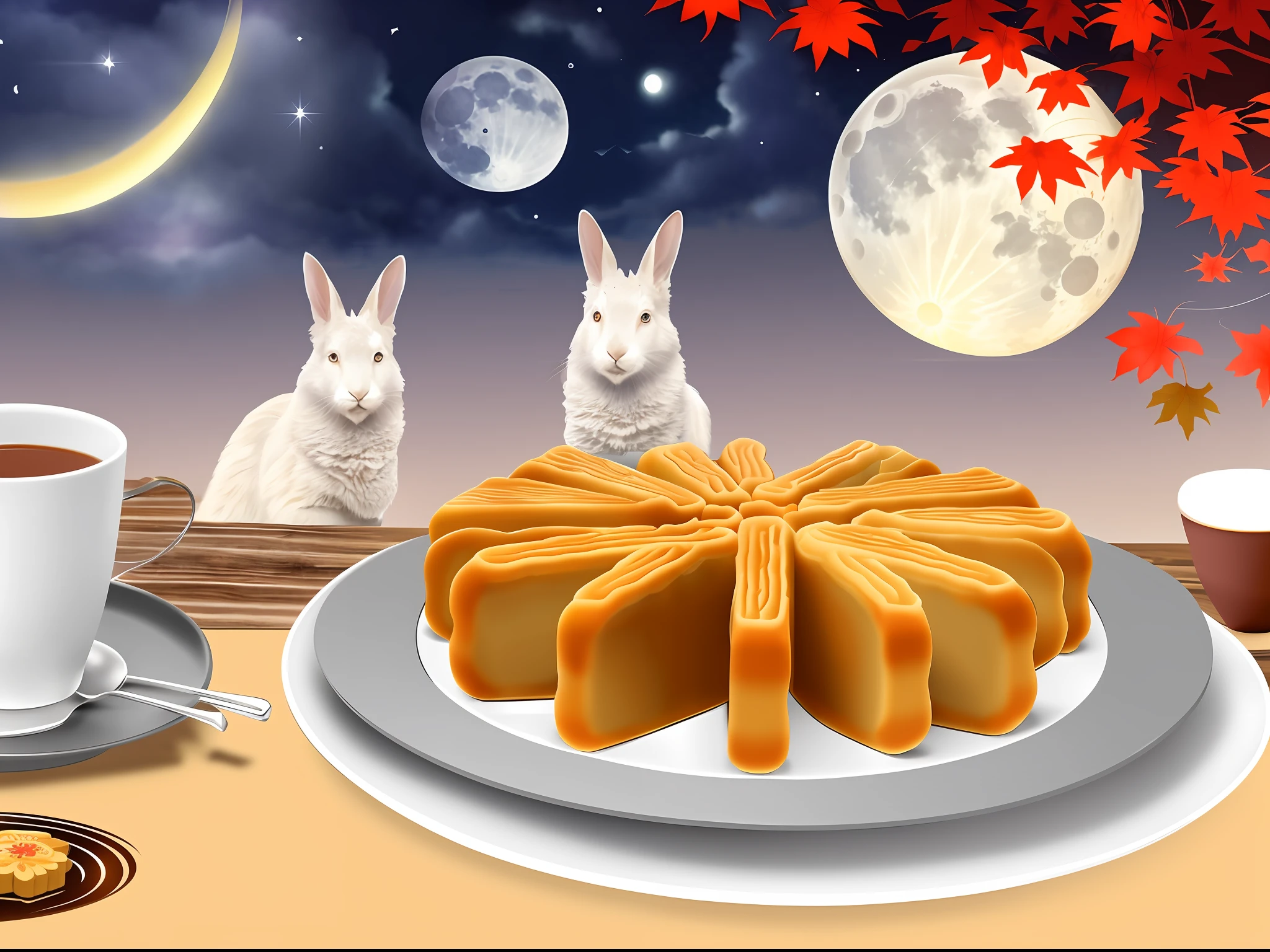 There are rabbits and crabs on the tray and a cup of tea and Hepu large mooncakes, a beautiful flat illustration, autumn, calm night. Digital illustration, higher detail illustration, cute illustration, starry sky environment in moonlight.