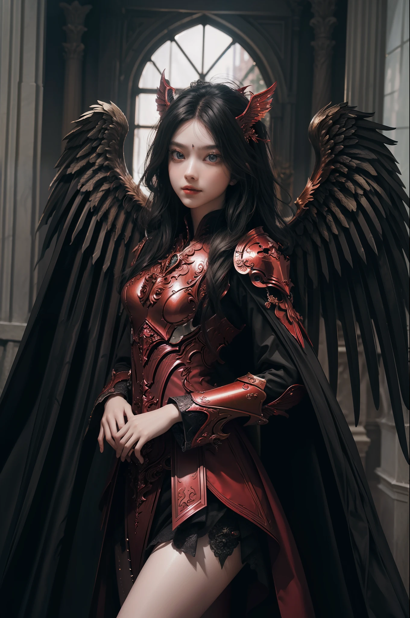 (extremely detailed CG unity 8k wallpaper,masterpiece, best quality, ultra-detailed, beautiful detailed eyes:1.2),best illumination, (best shadow, an extremely delicate and beautiful, bloom),
1gril,solo,red eyes,Heavy red armor,long hair,holding sword,Angel wings,black wings,jewelry,(big wings:1.4),Film filter,Satan, Hellfire,full body,demon,flame,