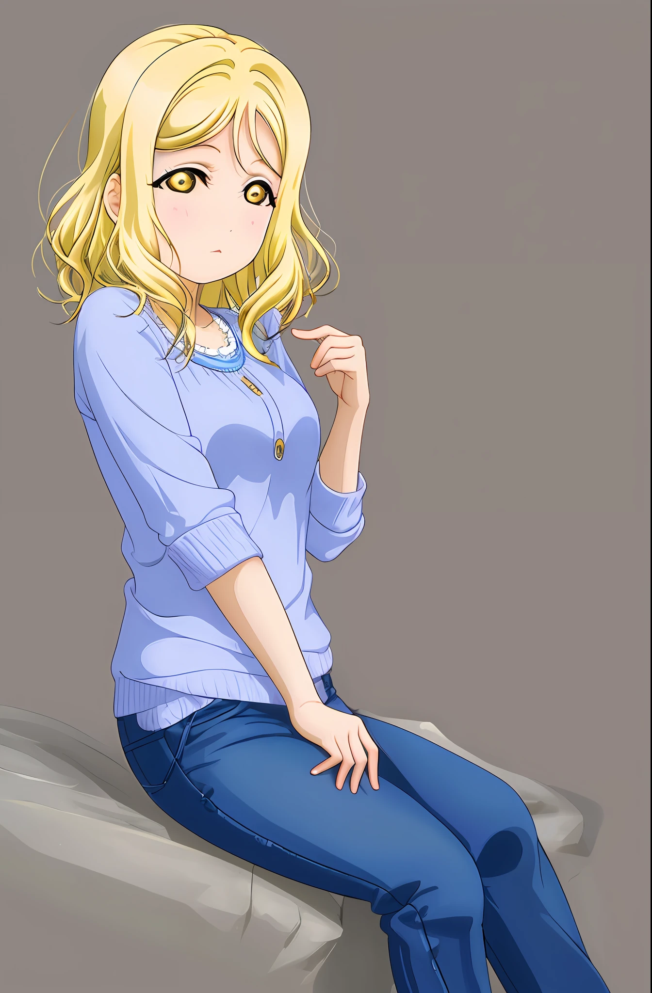 masterpiece, best quality, red long-sleeved shirt, denim pants, blonde hair, greenish yellow eyes, Ohara Mari from Love Live, simple background