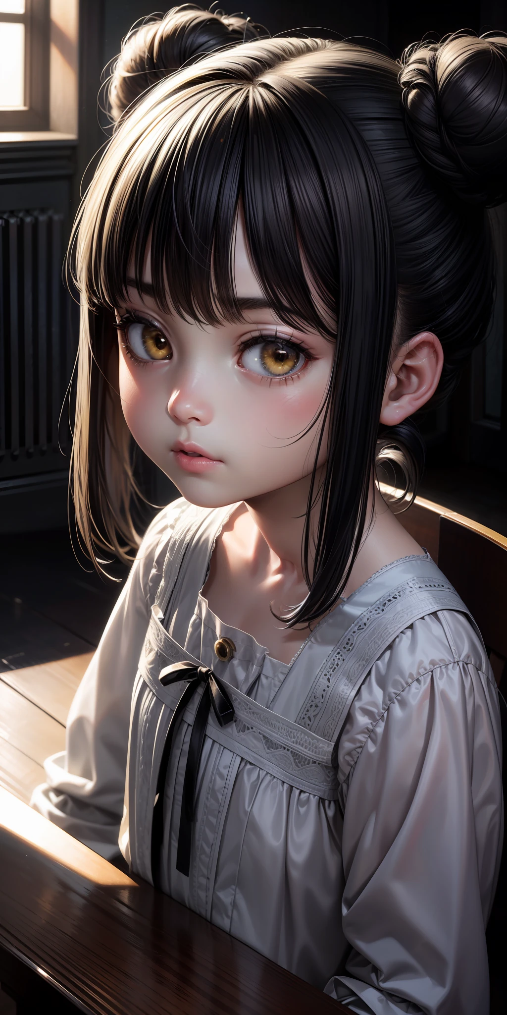 Superior Quality, Masterpiece, Ultra High Resolution, (Photorealistic: 1.4), Raw Photo, Deep Shadows, face, face only, loli, child, a girl, black hair, bangs, yellow eyes, cute face, bun, fun expression, close-up, background of a room casual clothing