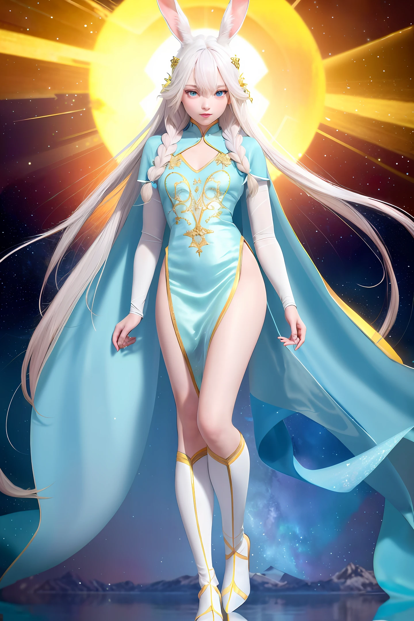 (extremely detailed CG unity 8k wallpaper,masterpiece, best quality, ultra-detailed), (best illumination, best shadow, an extremely delicate and beautiful), dynamic angle, floating, finely detail, Depth of field (bloom), (shine), classic,
((blue rendering)),
(an extremely beautiful and delicate boy,beautiful and delicate face,beautiful and delicate eyes),
(1 boy:1.5),white hair,(hair between eyes:0.7),,very long hair,light blue highlight,straight hair,
(yellow eyes:1.4),half-closed eyes,((long rabbit ears)),
blush,smile,
((white silk noble clothes)),((royal clothes)),((star clothes ornament)),((blue pattern)),fur ornament,cabe,boots,
looking at viewers,(full body:1.5),
(beautiful and clear background:1.25),(frozen lake with forest and mountain under the sunsetin the winter),(snow:0.4), aurora, stars., {{nature, painting}},high-quality snowflakes, high-quality mountains, very fine 8KCG wallpapers,lake in mountain stream, luminous particles