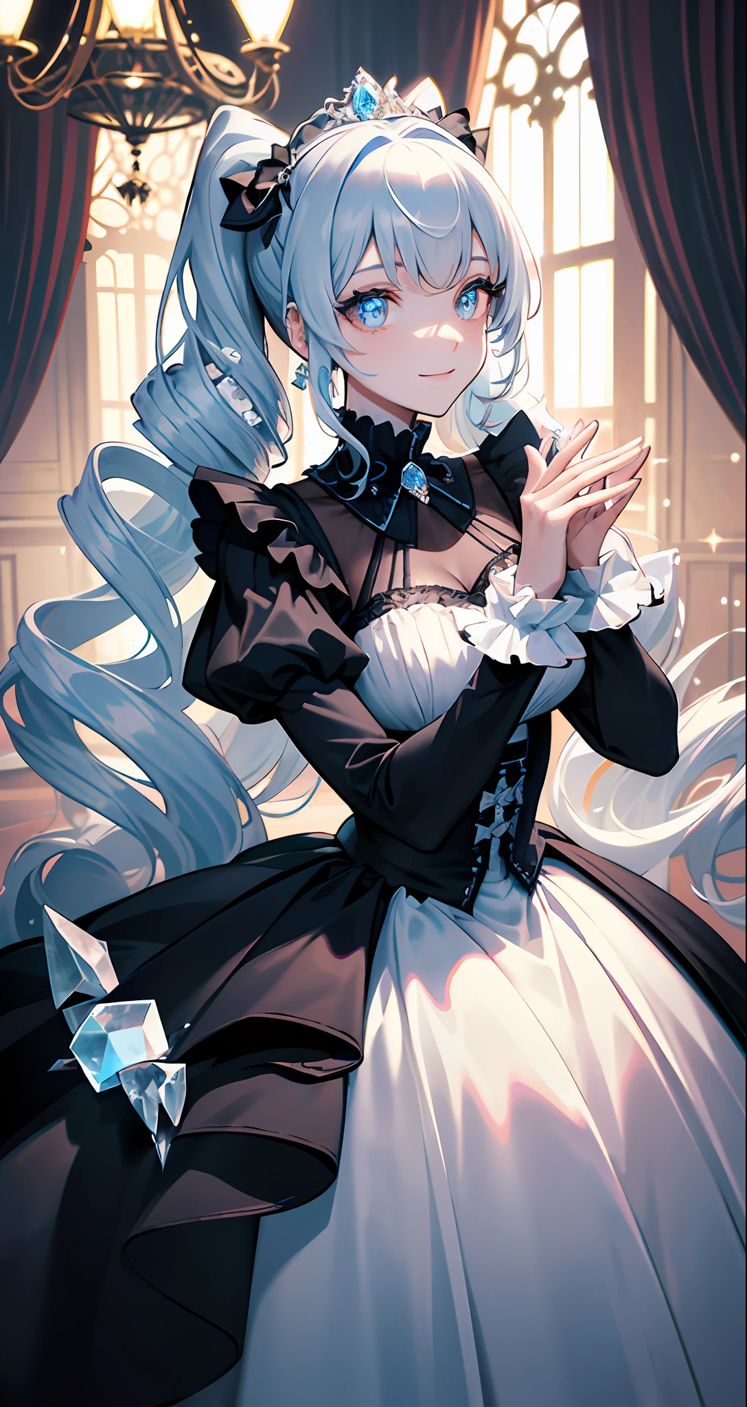 Dramatic composition, court-style dresses, royal, gorgeous, cascading frills, ruffles, bows, crystal chandeliers, Roman curly hairstyles, ponet, double ponytails like drills, look at the camera, bangs, maximalism, palatial background, delicate portrayal of hair and eyes, princess dresses, gorgeous skirts, flowers in hand, smiles, starry eyes, cinematic light, extreme detail, high definition, happy girl, very long hair, diamonds, broken diamonds, crystal fragments, light particles
