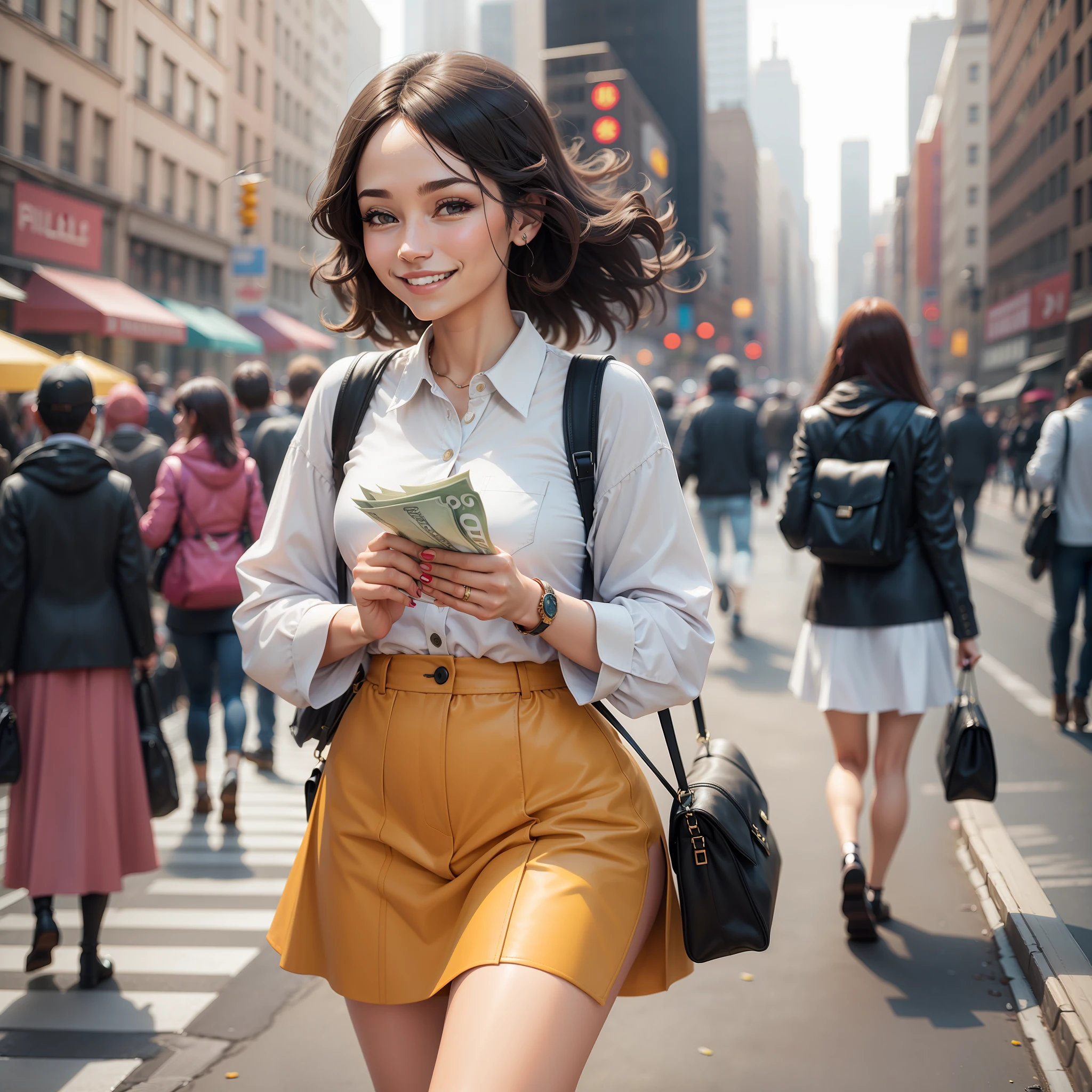 a smiling woman walking in NY with bills of money in her hand