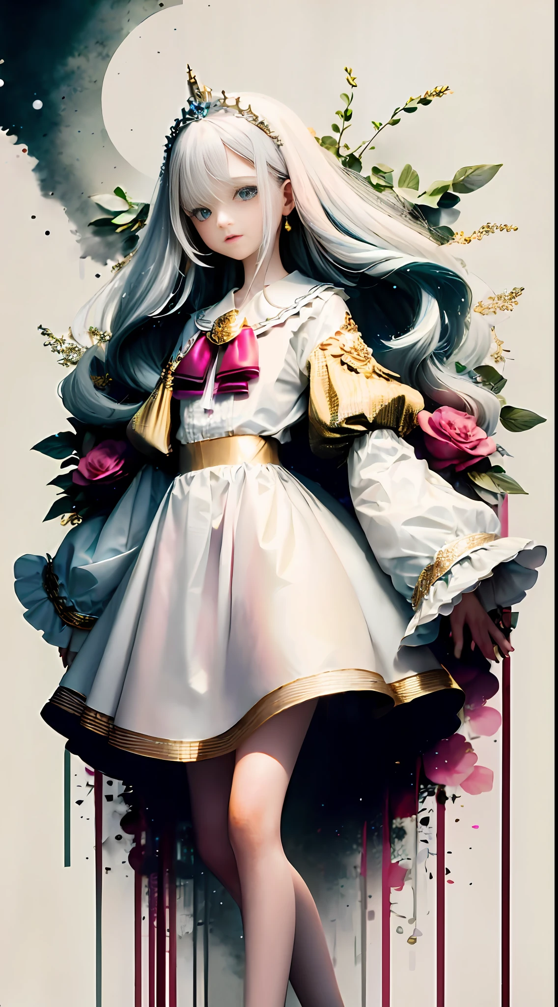 1girl, (masterpiece:1.1), (best quality:1.1), (white blouse:1.5), (gorgeous gold and red dress:1.3), gorgeous gold and red long dress, BREAK [blue:pink:0.5] theme, (gradient background: 1.1), BREAK silver, long hair, white hair, delicate green eyes, delicate tiara, silver crown, body, Golden-red embellished clothes