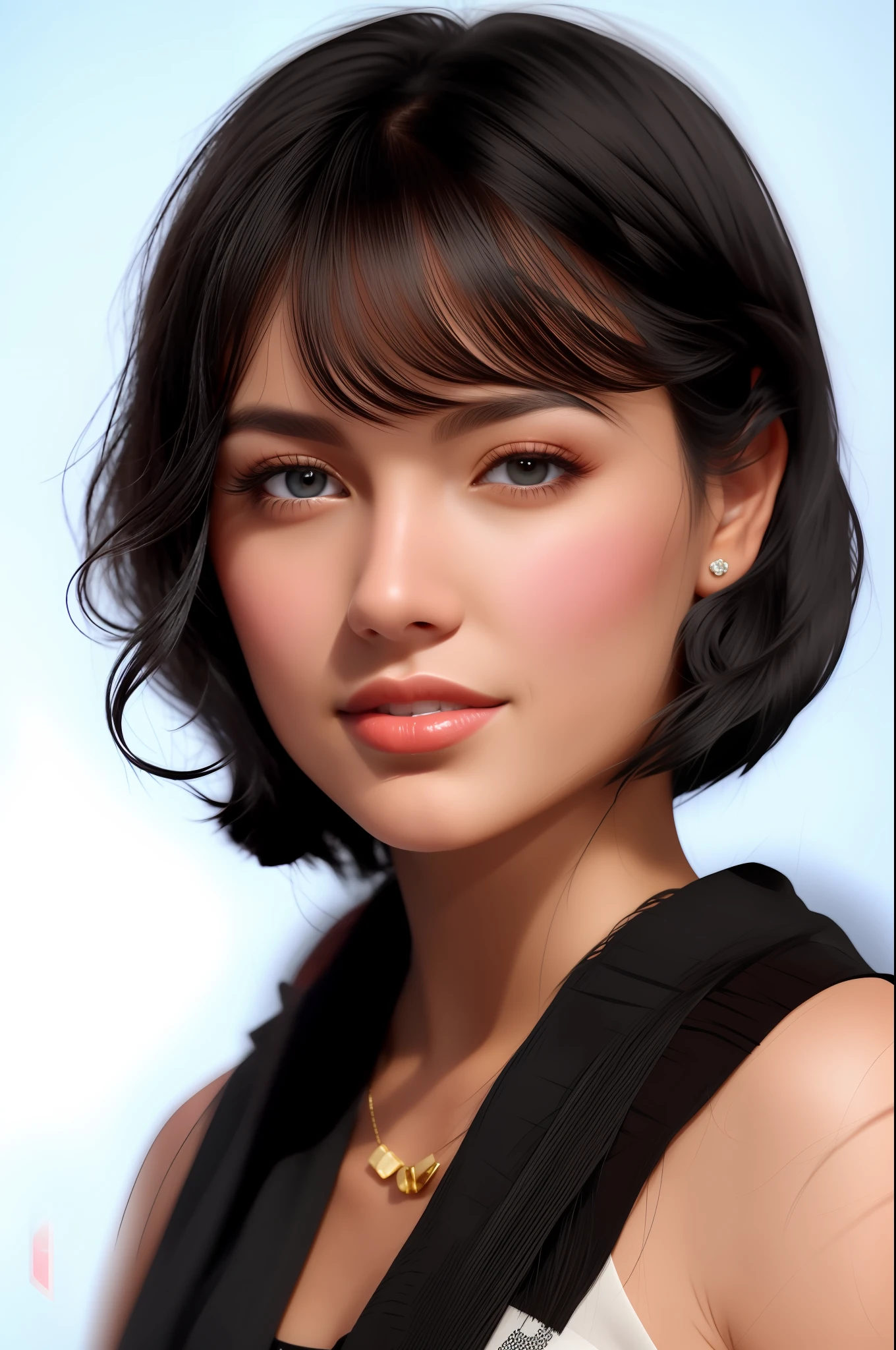 a woman black hair black eyes fair skin