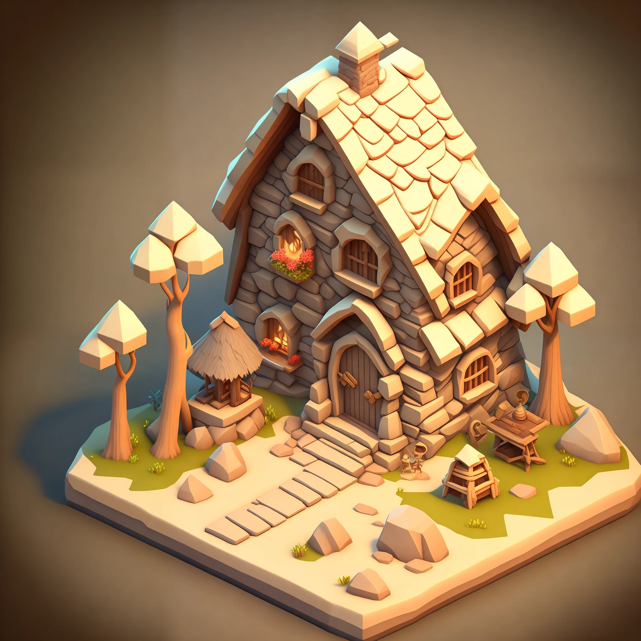 isometric house, RPG style, cartoony, DnD, fantasy, mobile game,primitive man,animal bone,stone,wood