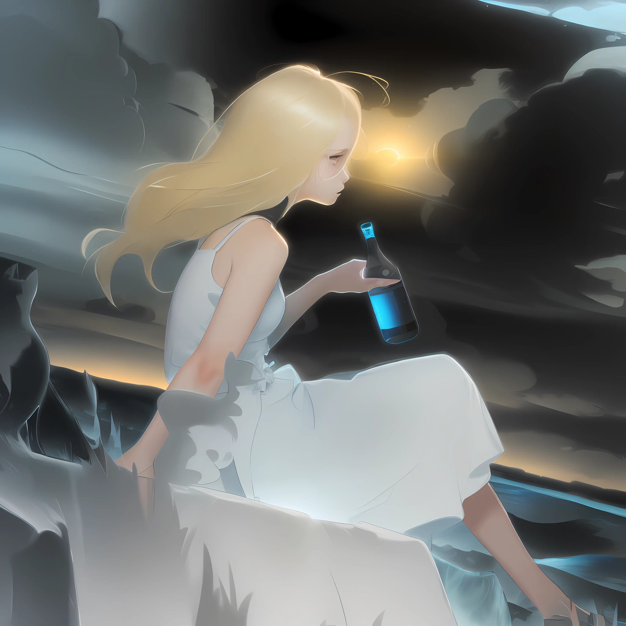 Full shot, (portrait: 0.2) (standing) cute blonde 18 year old girl, inside water waves (tunnel), star black hole Gargantua background, humidity, sunlight, crazy detail, movie, epic realism, complex detail, super detail, high quality, [RAW], (Ivan Aivazovsky)