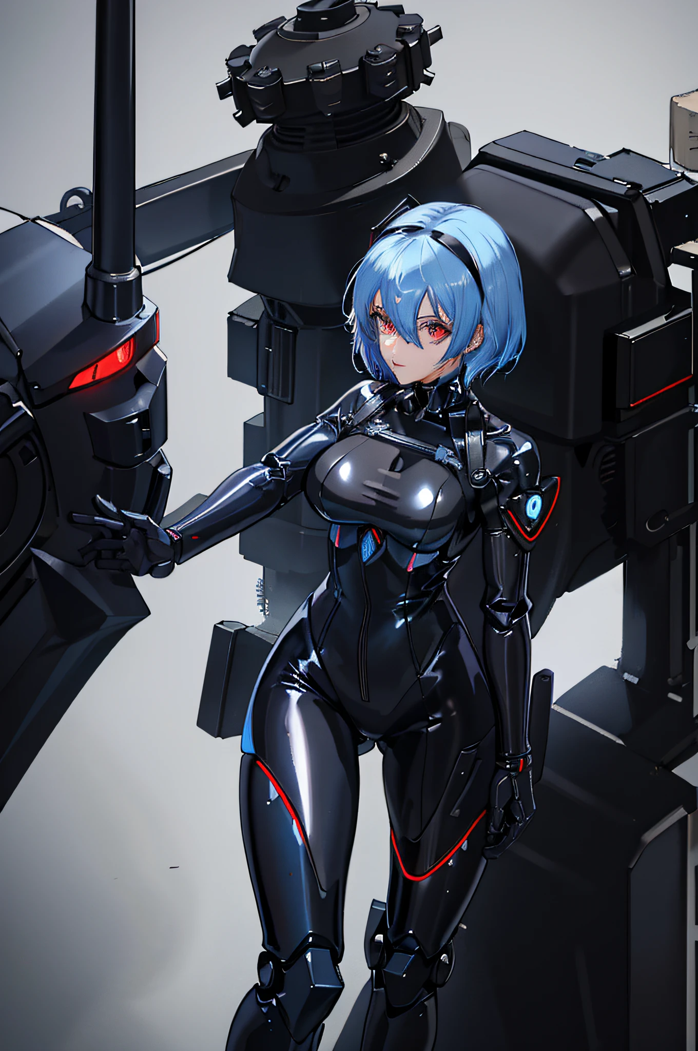 A cartoon image of latex woman wearing a gas mask, Opai cyberpunk, black shiny armor, 2B, 2 B, Dominatrix assassin robot, katana strapped to her back, blue and black, gynecological body, robot heroine, rubber suit, black and blue, rogue anime girl Rei Ayanami, Tick, Biomechanics Opai