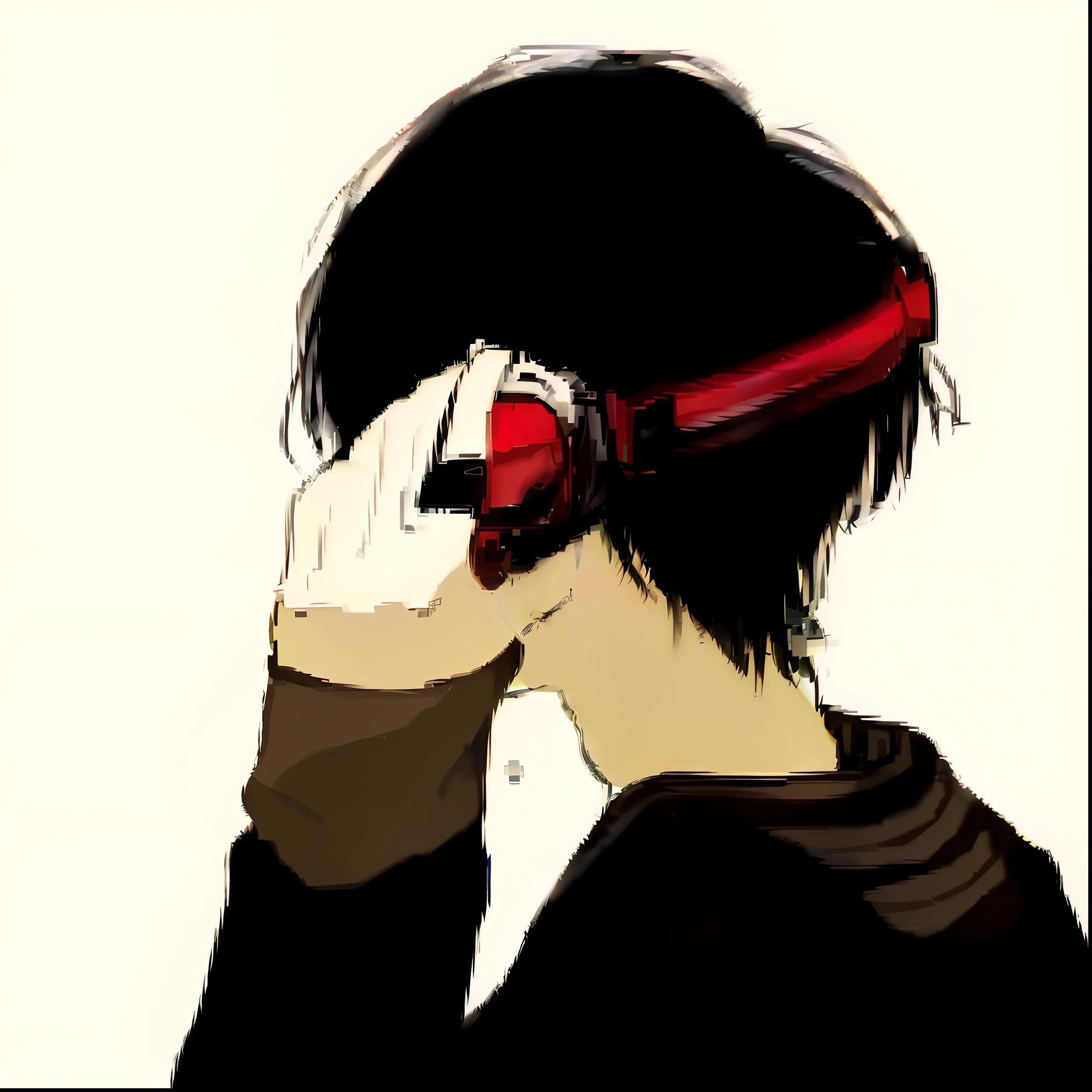 there is a woman talking on a cell phone while holding a cell phone to her ear, headphones on his head, he has headphones, anime style”, with head phones, with headphones, headphones, wearing headphones, headphones on head, wearing a headset, wearing headset, headphones on, by Ei-Q, makoto kano, very modern anime style, red headphones